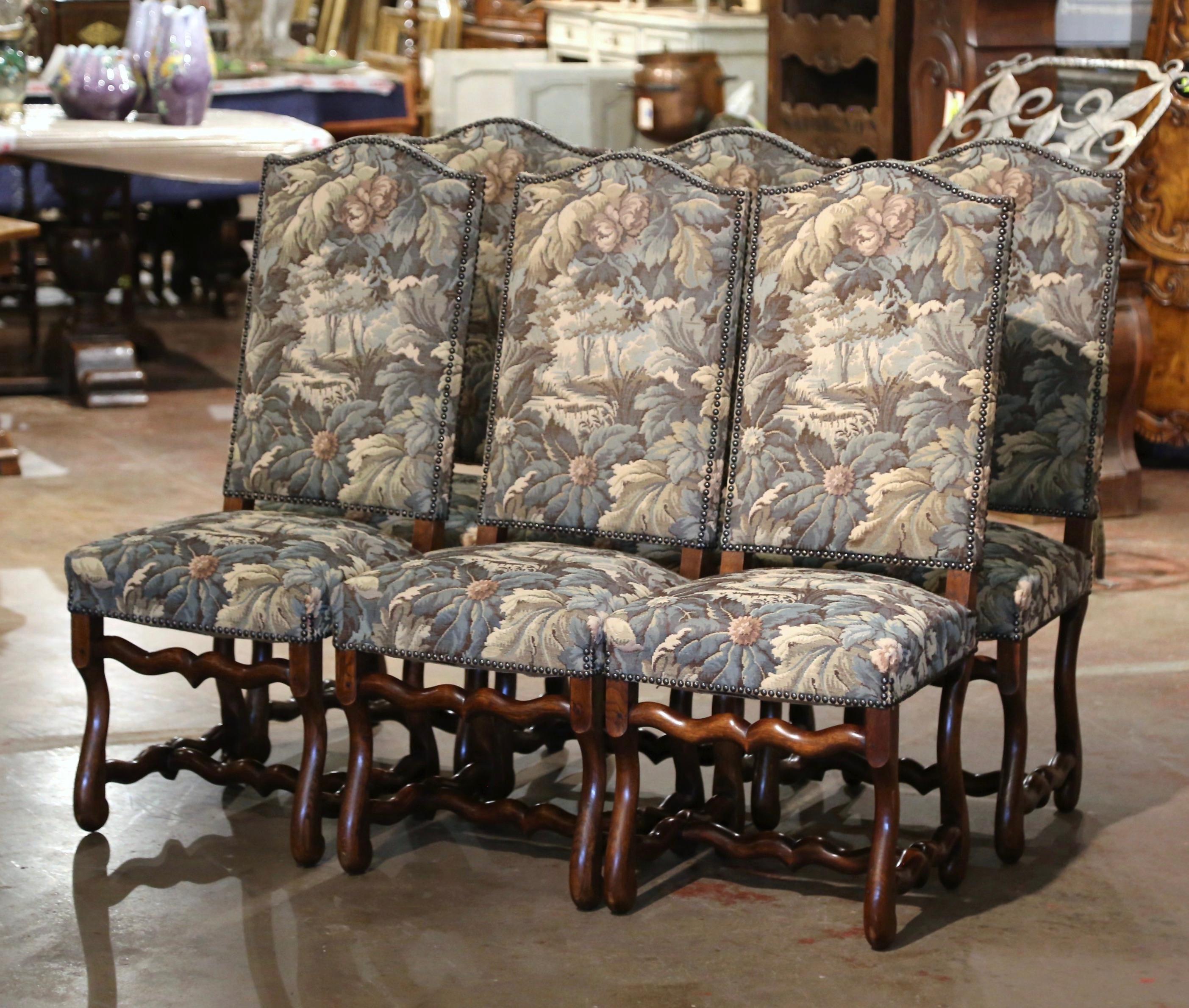 Set of 6 French Louis XIII Carved Sheep Bone Dining Chairs with Tapestry 2