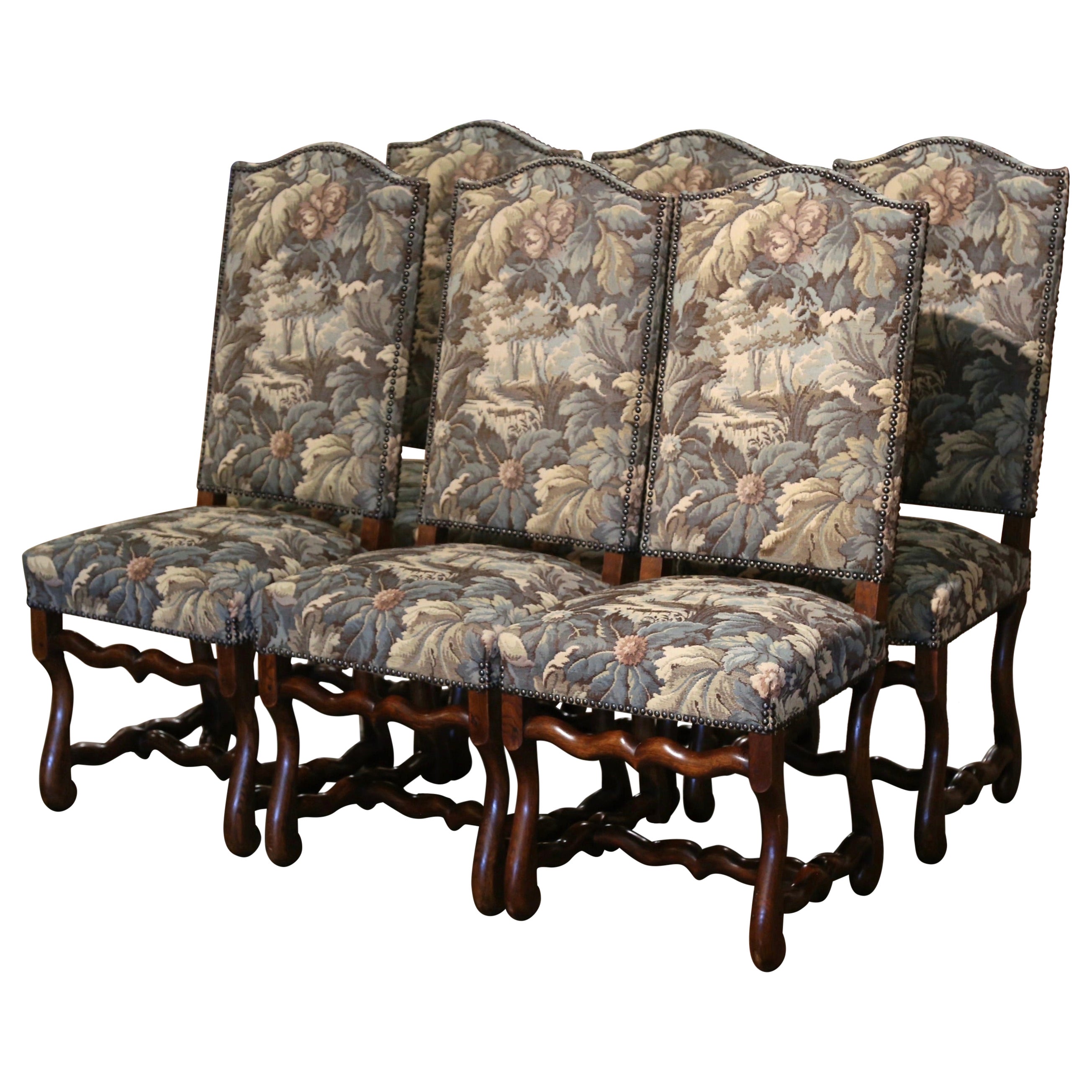 Set of 6 French Louis XIII Carved Sheep Bone Dining Chairs with Tapestry