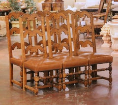 Set of 6 French Louis XIII Oak Ladder Back Dining Chairs with Leather Seats