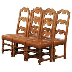 Set of 6 French Louis XIII Oak Ladder Back Dining Chairs with Leather Seats