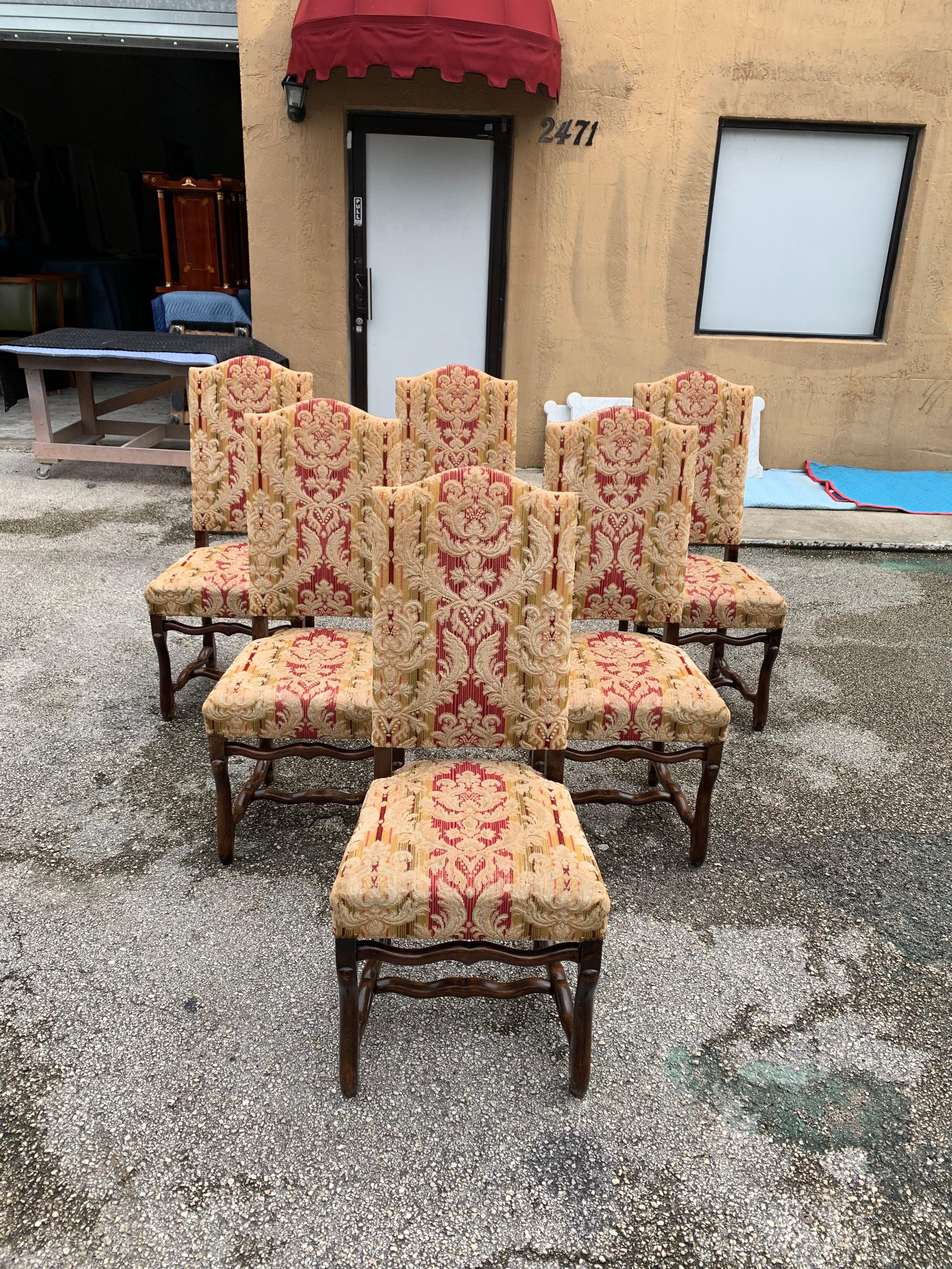 Fabric Set of 6  French Louis XIII Style Os De Mouton Dining Chairs, 1900s For Sale