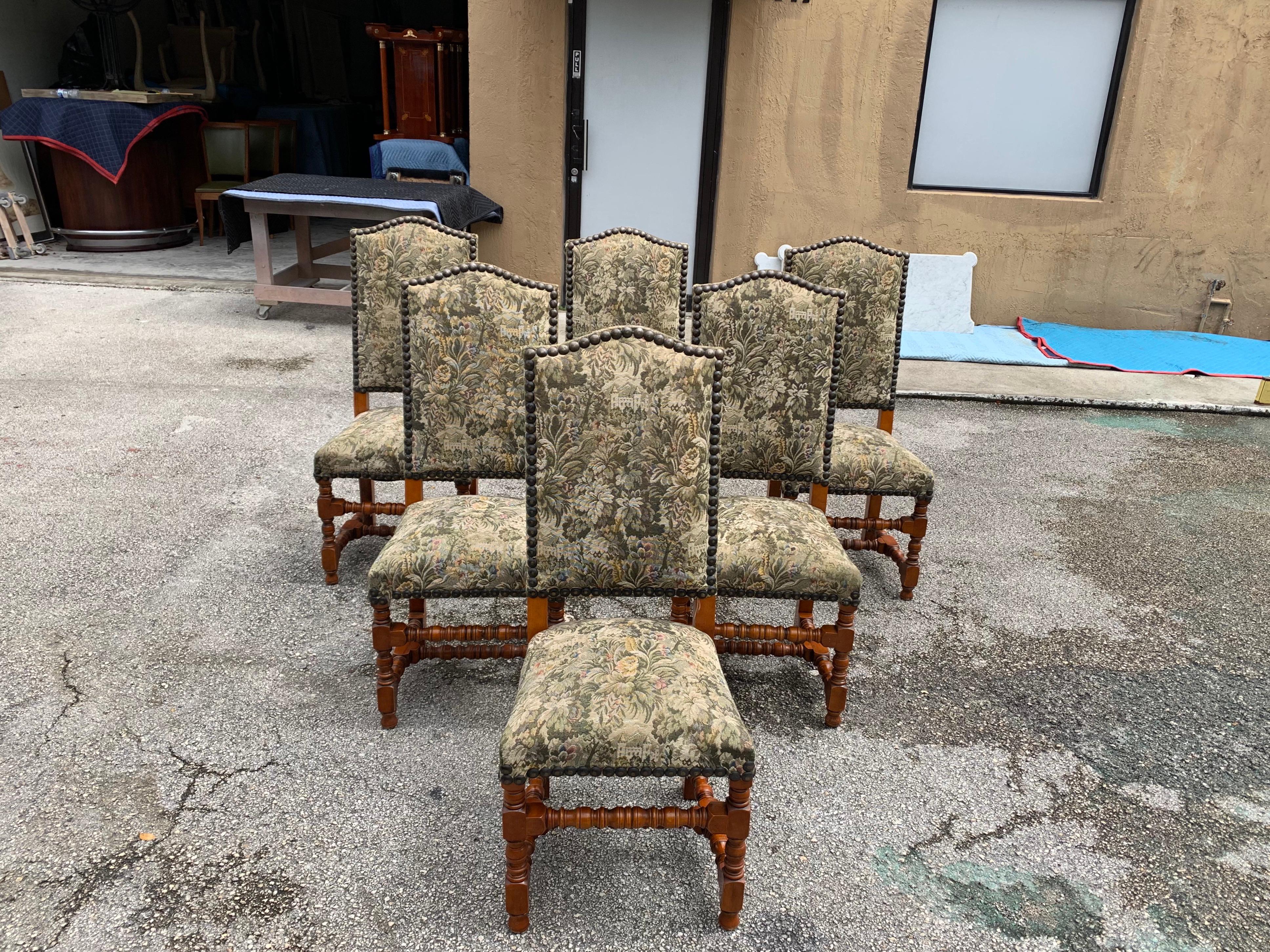Fabric Set of 6 French Louis XIII Style Solid Walnut Dining Chairs 1900s For Sale