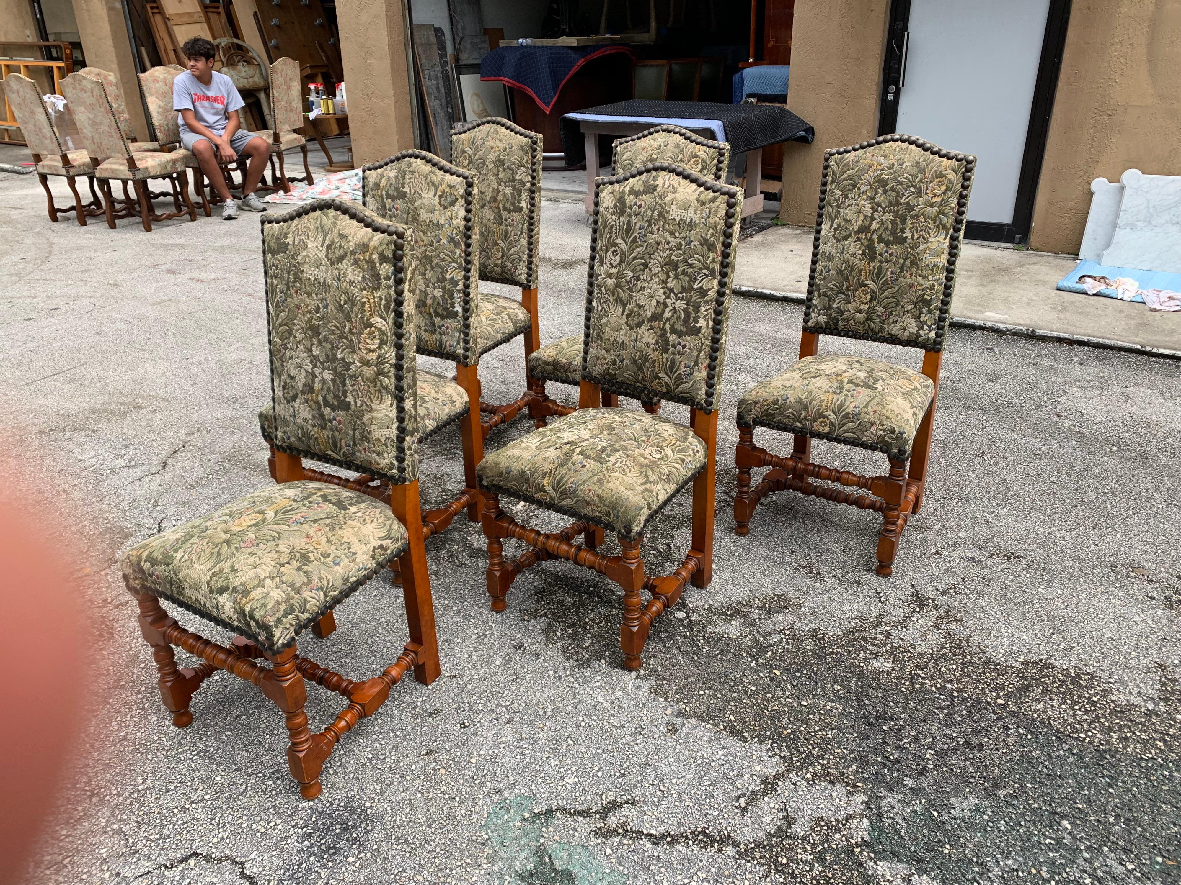 Set of 6 French Louis XIII Style Solid Walnut Dining Chairs 1900s For Sale 2