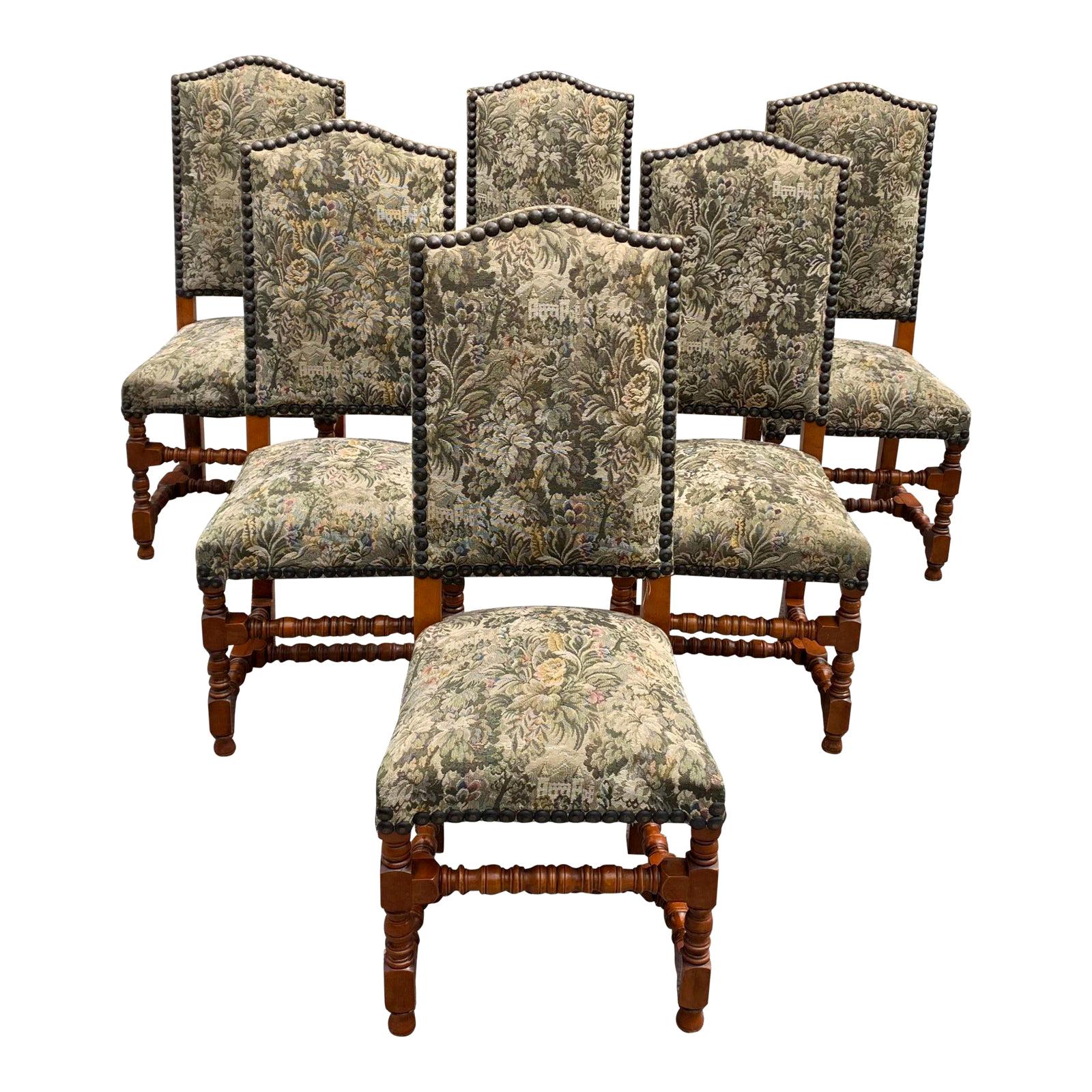 Set of 6 French Louis XIII Style Solid Walnut Dining Chairs 1900s For Sale