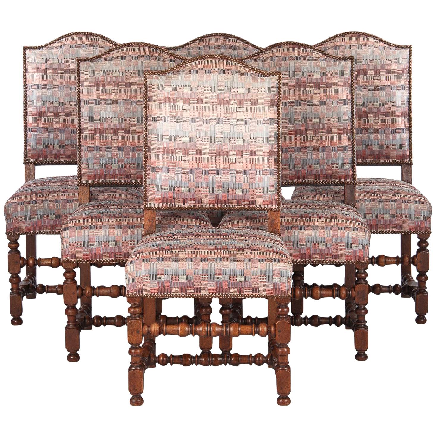 Set of 6 French Louis XIII Style Upholstered Walnut Chairs, 1920s