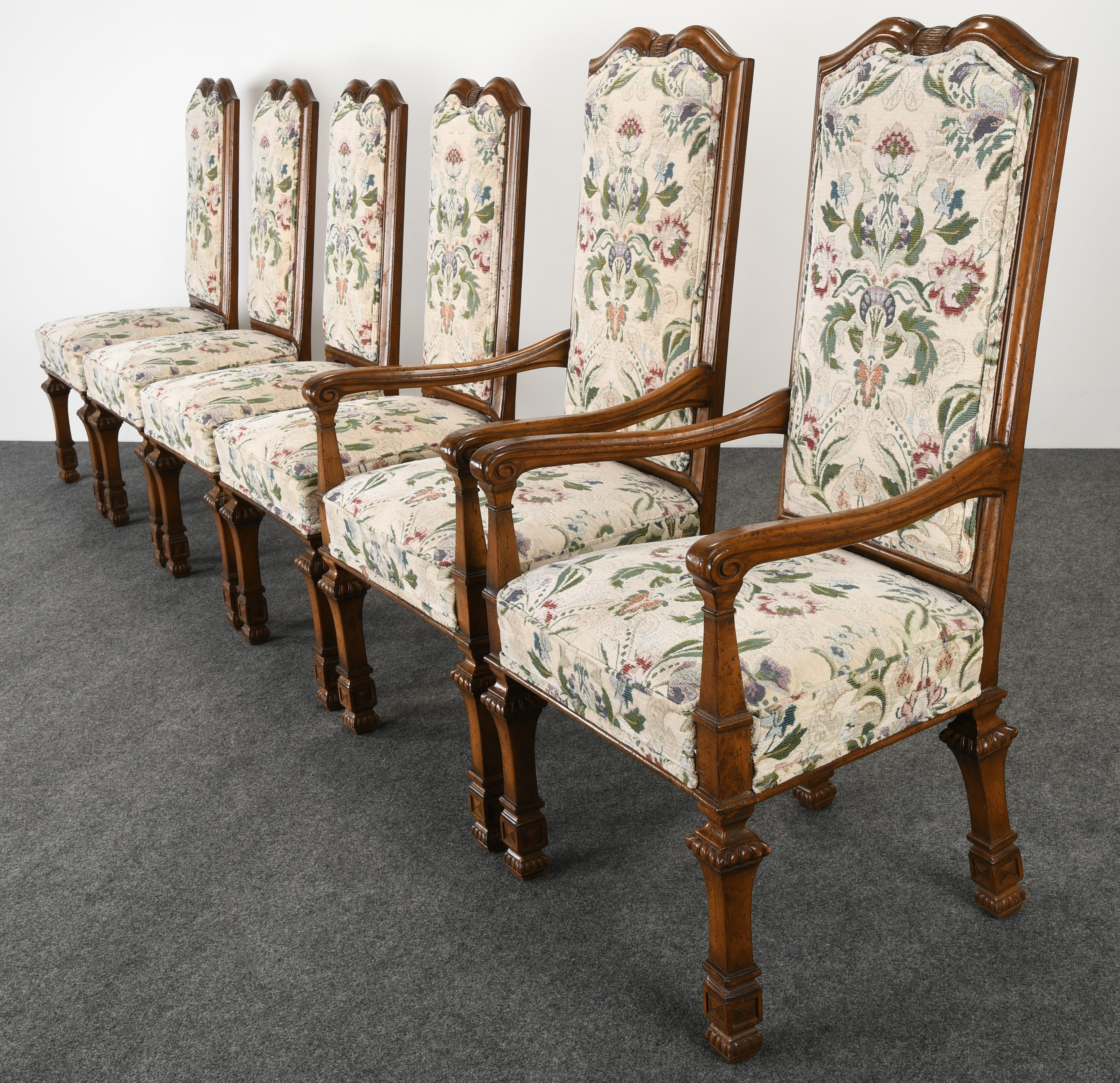A decorative set of six Louis XIV style dining chairs by Auffray & Co Furniture. The Louis XIV chairs have a square baluster leg and an arched back with shaped indents. These finely carved French chairs are sturdy and in good condition with
