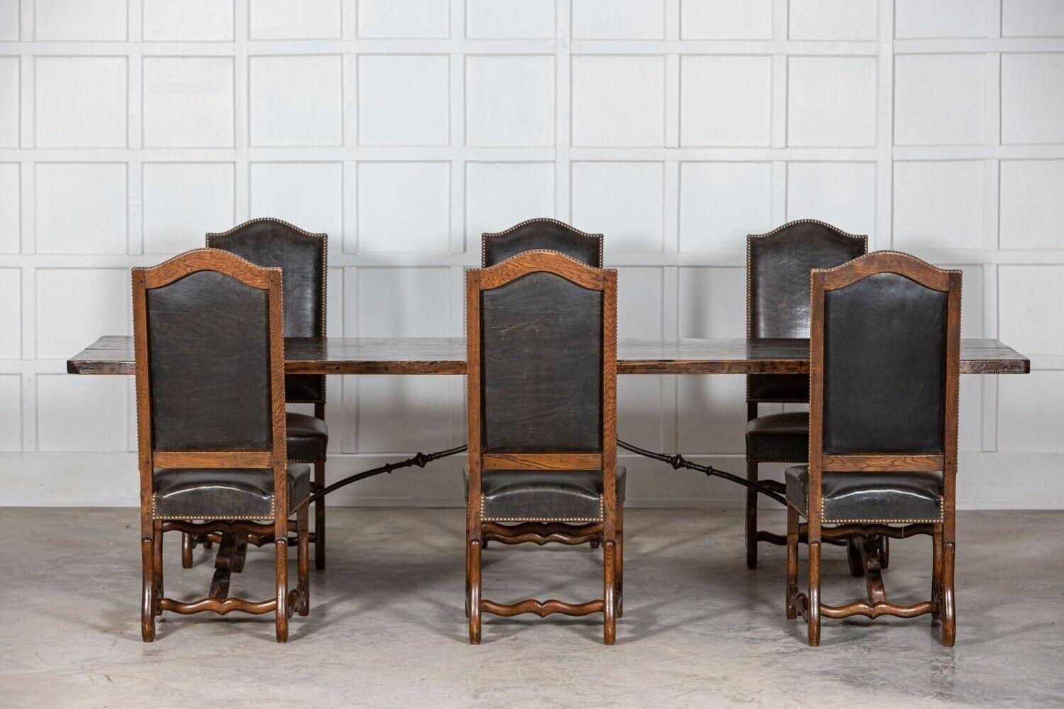 circa 1920
Set of 6 French Louis XIV-style oak & leather Os De Mouton chairs
Measures: W 49 x D 47 x H 110 cm
S/H 49 cm.
   
   