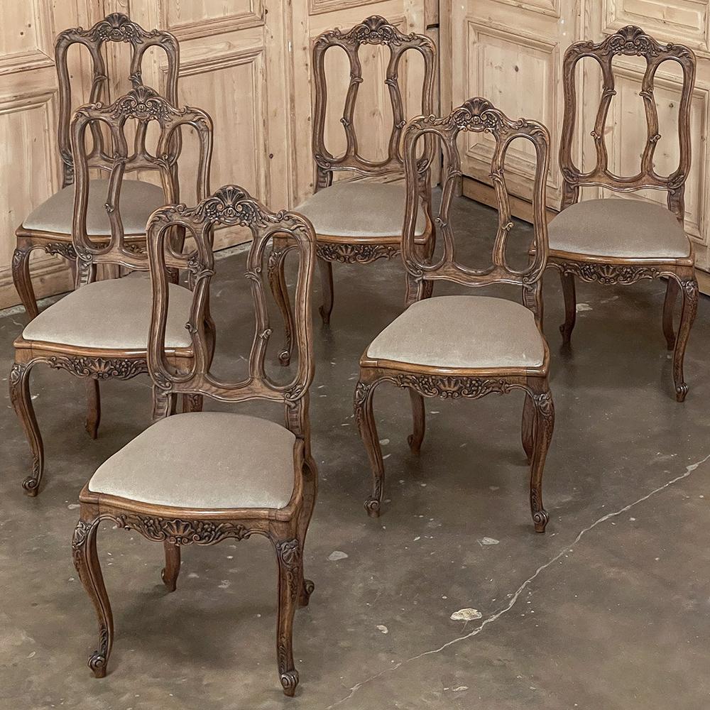 Hand-Carved Set of 6 French Louis XV Dining Chairs with Mohair For Sale