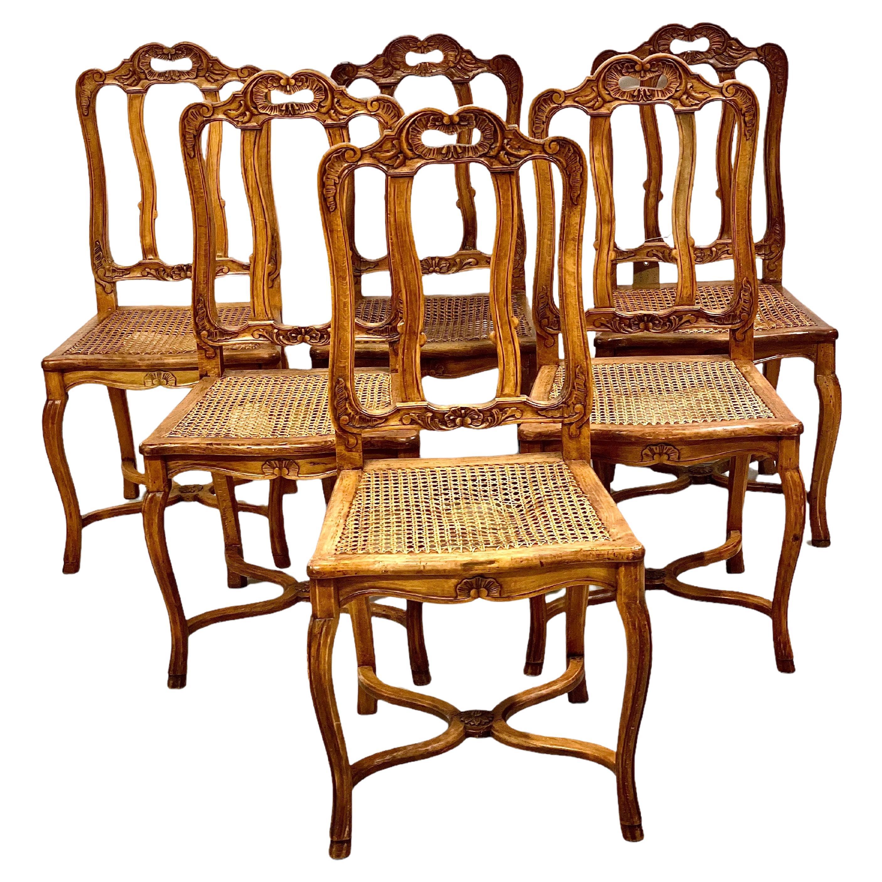 Set of 6 French Louis XV Style Caned Dining Chairs