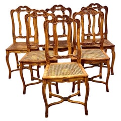Set of 6 French Louis XV Walnut Caned Dining Chairs, 19th Century