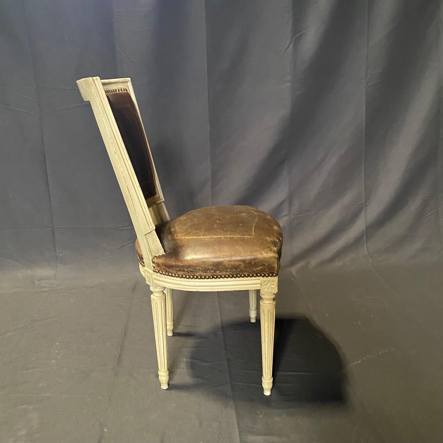 Set of 6 French Louis XVI Embossed Leather & Painted Dining Chairs 6