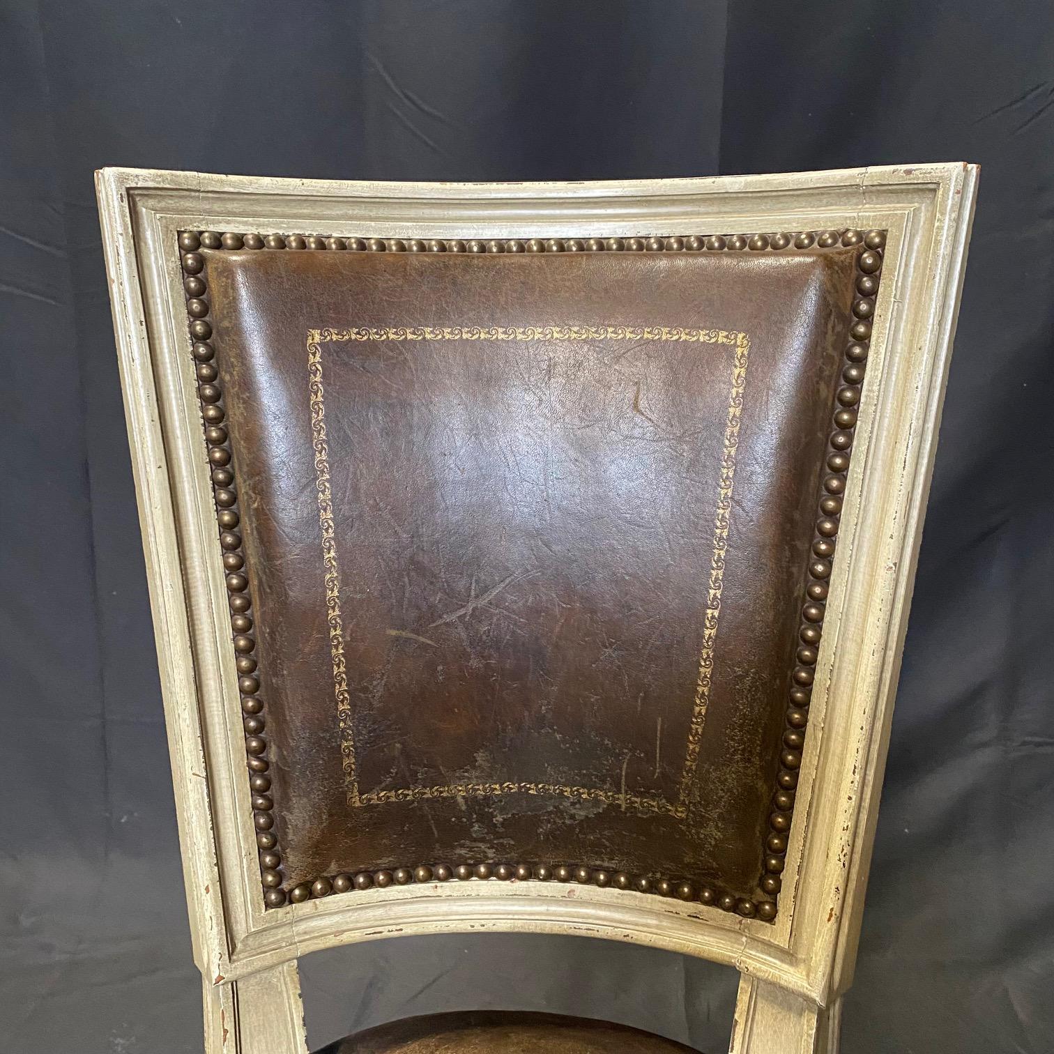 Set of 6 French Louis XVI Embossed Leather & Painted Dining Chairs 8