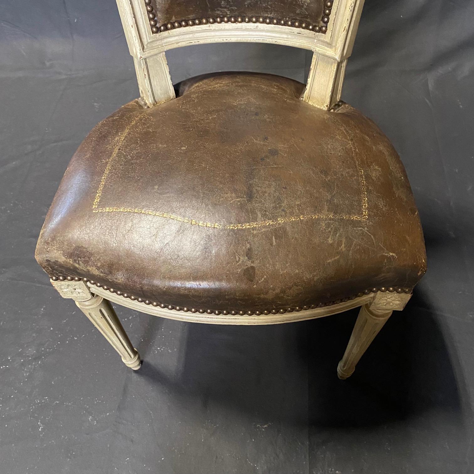 Set of 6 French Louis XVI Embossed Leather & Painted Dining Chairs 9