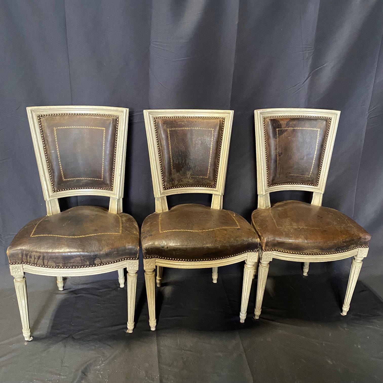 Set of 6 French Louis XVI Embossed Leather & Painted Dining Chairs In Good Condition In Hopewell, NJ
