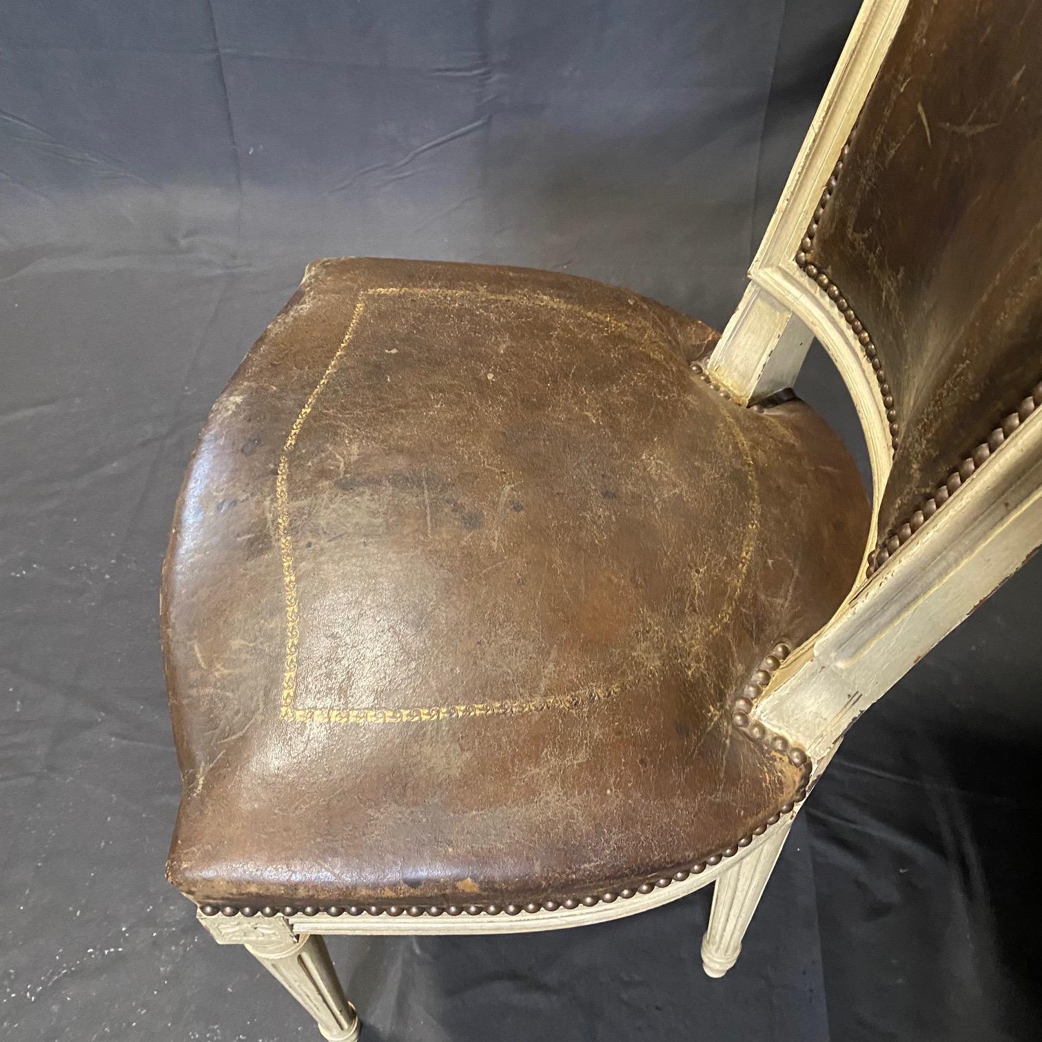 Early 20th Century Set of 6 French Louis XVI Embossed Leather & Painted Dining Chairs