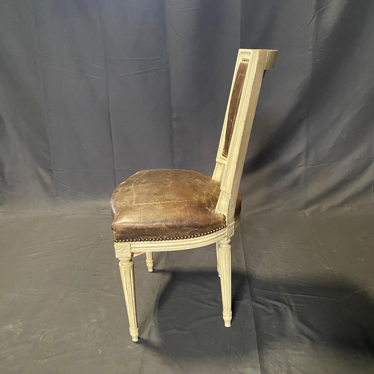 Set of 6 French Louis XVI Embossed Leather & Painted Dining Chairs 1
