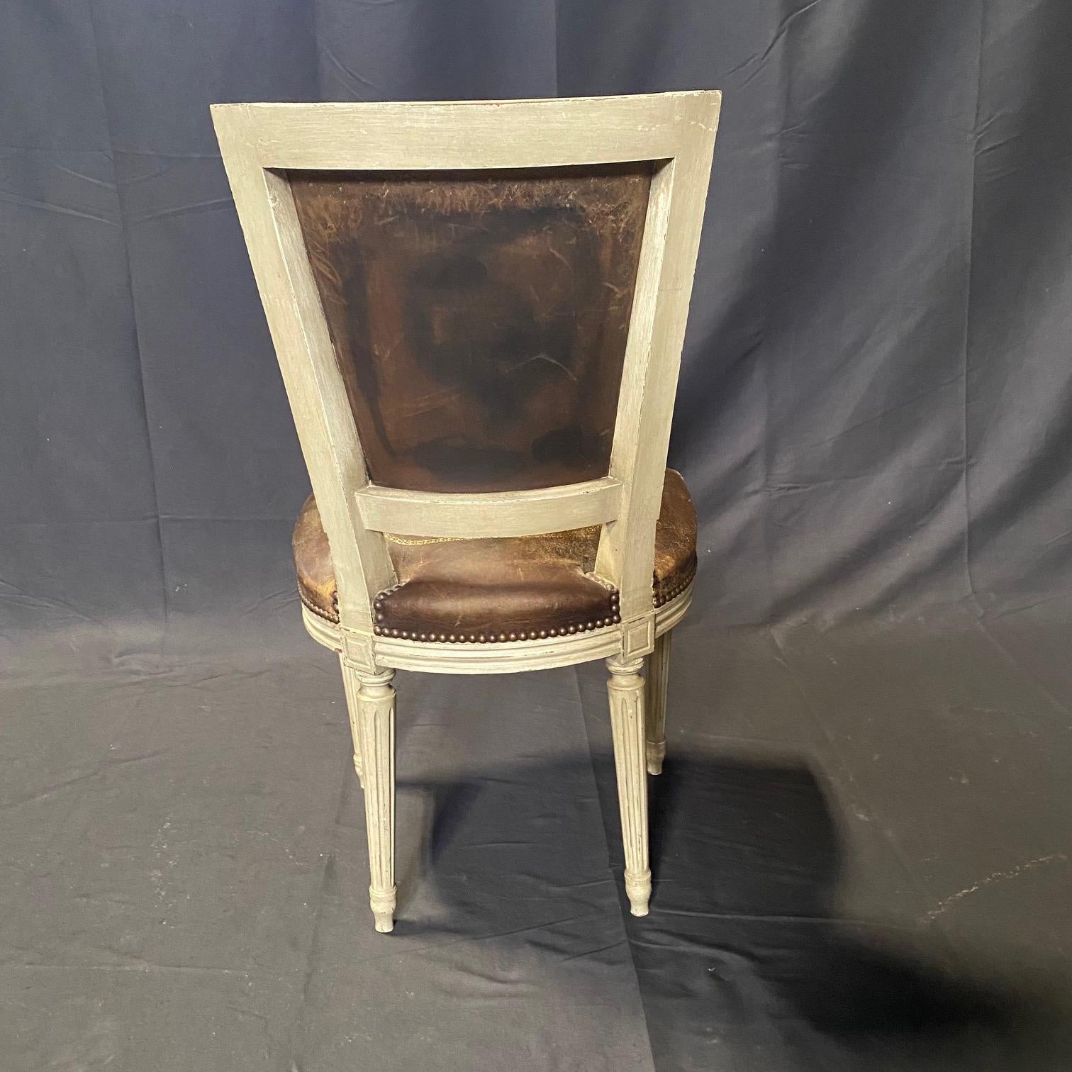 Set of 6 French Louis XVI Embossed Leather & Painted Dining Chairs 2