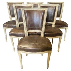 Set of 6 French Louis XVI Embossed Leather & Painted Dining Chairs