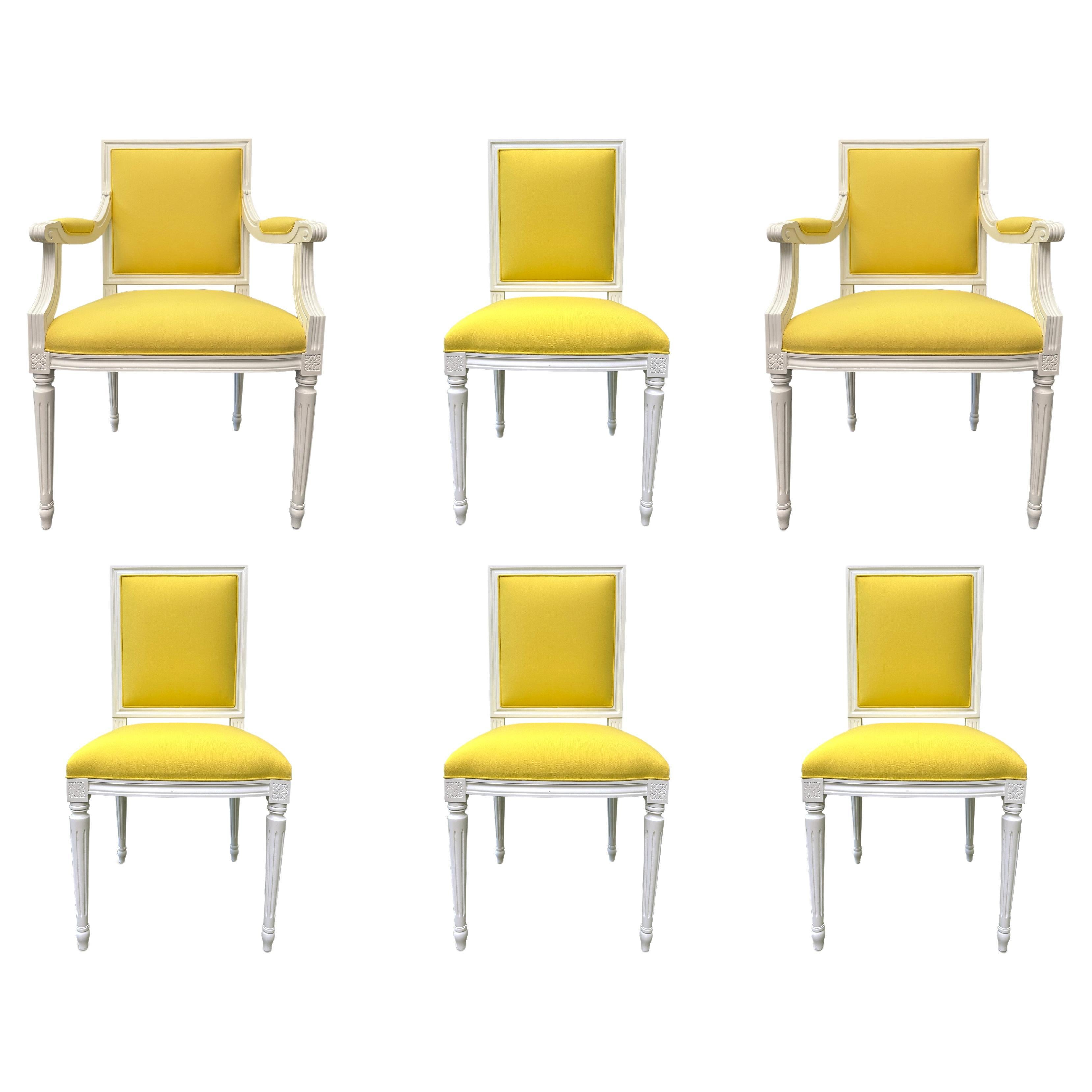Set of 6 French Louis XVI Style Chairs with Upholstered Square Backrests
