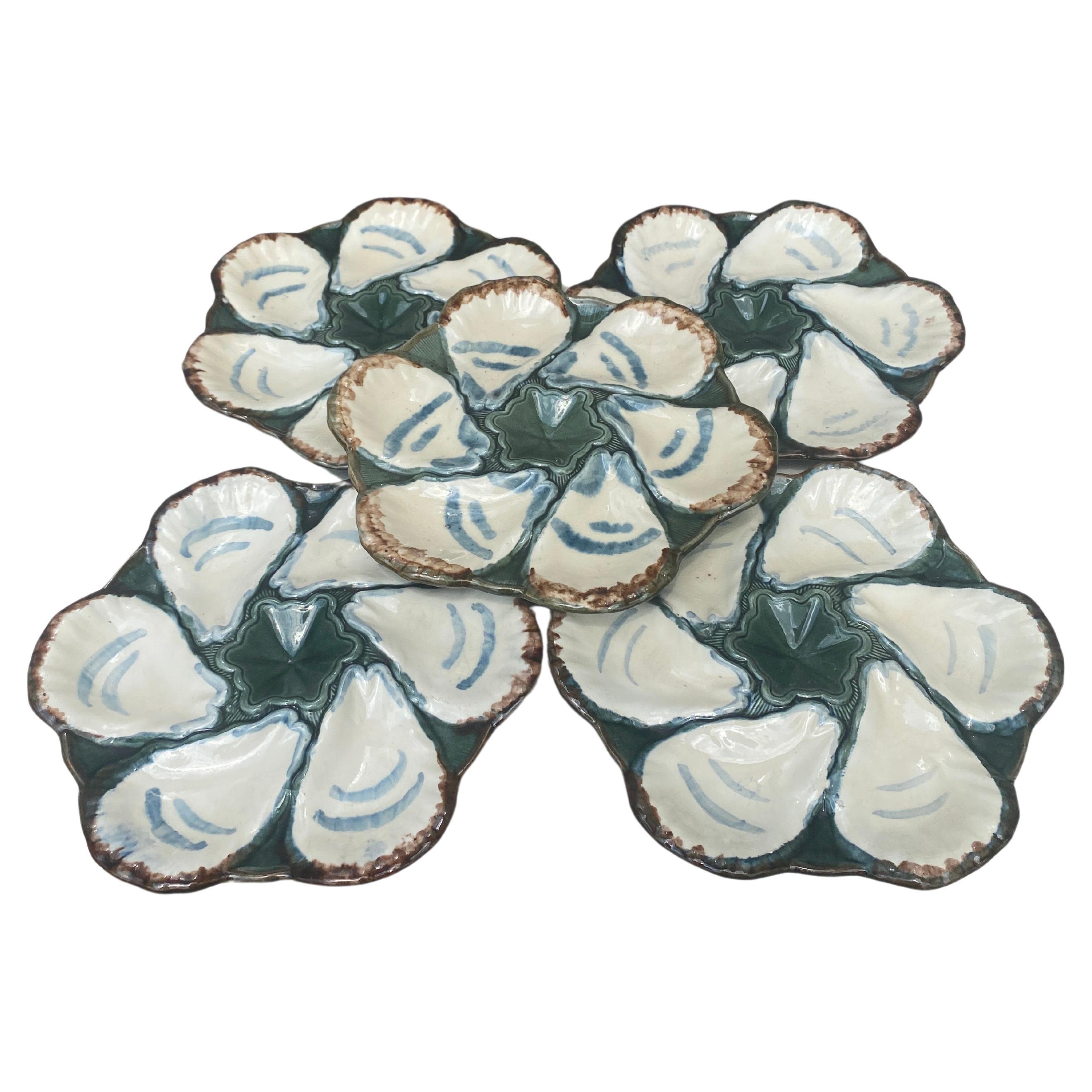 Set of 6 French Majolica oyster plate signed Longchamp, circa 1900.