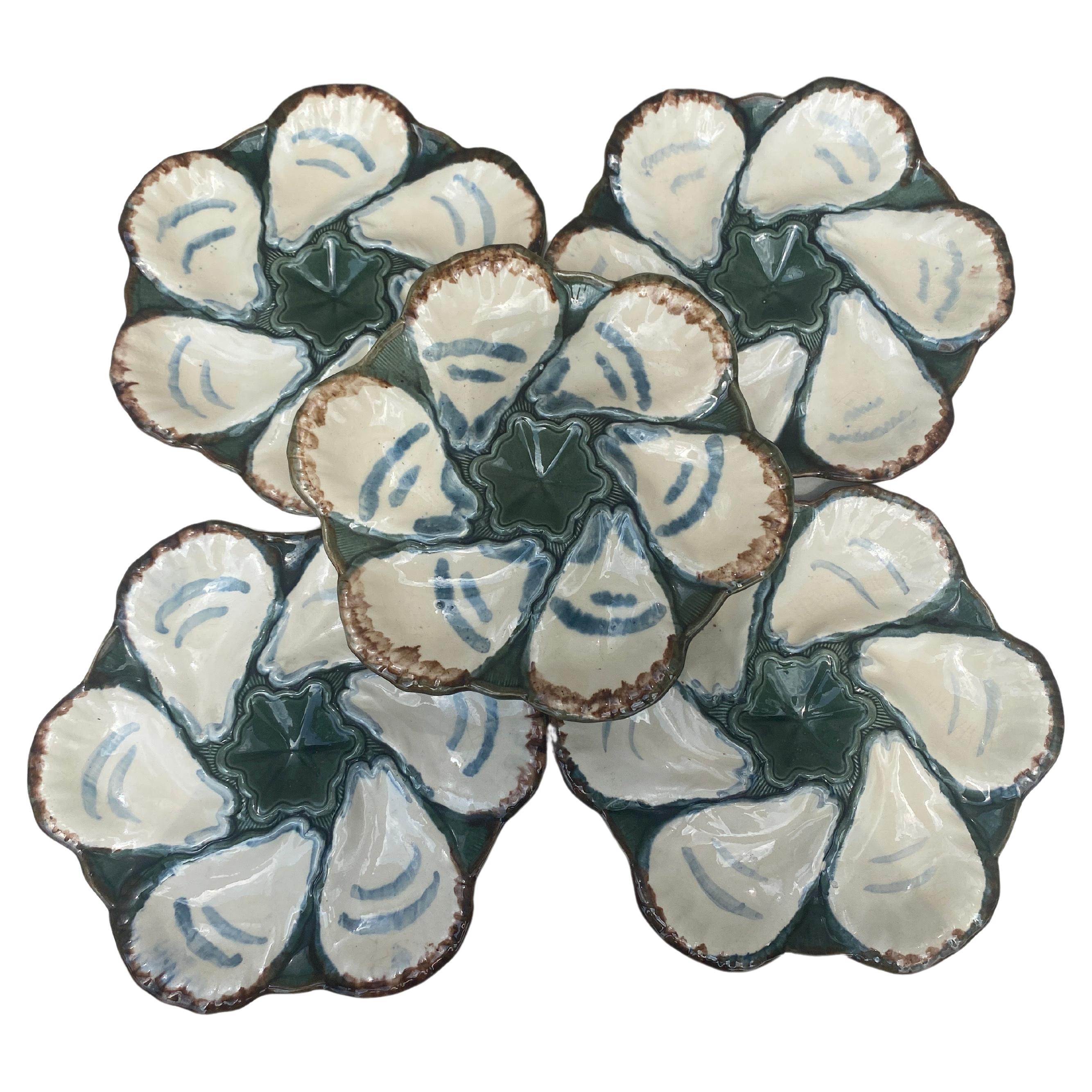 Set of 6 French Majolica Oyster Plate Longchamp, circa 1900 For Sale