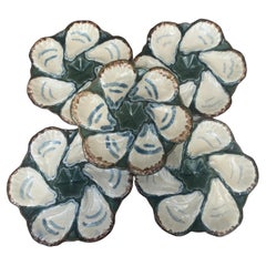 Set of 6 French Majolica Oyster Plate Longchamp, circa 1900