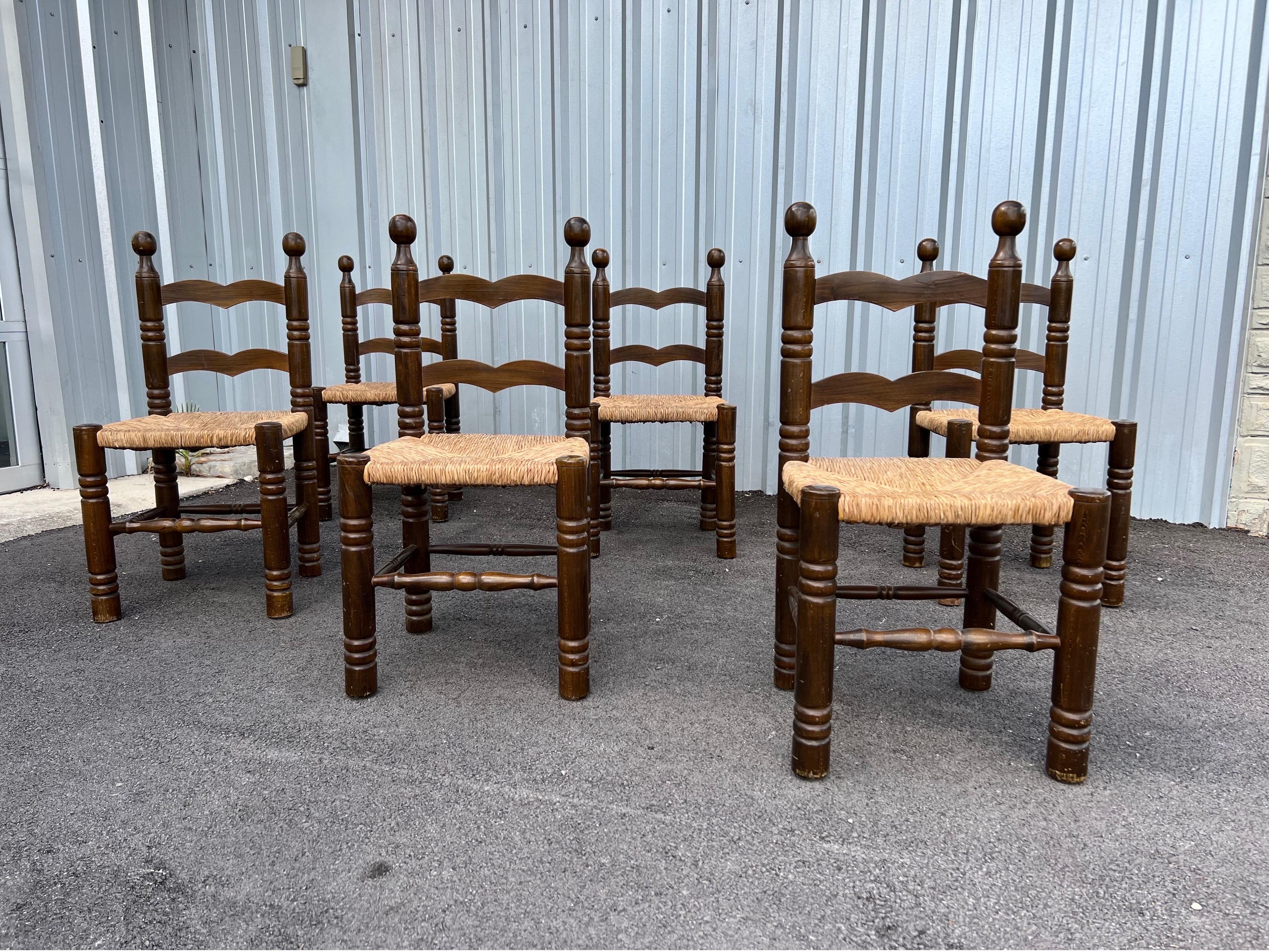 Set of 6 French Mid-Century Brutalist Dining Chairs Style of Charles Dudouyt 3