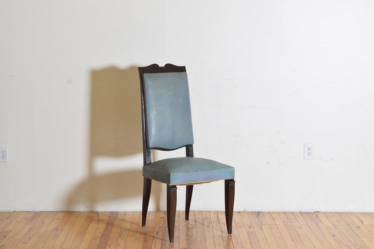 Set of 6 French MidCentury Ebonized Wood and Leather Dining Chairs