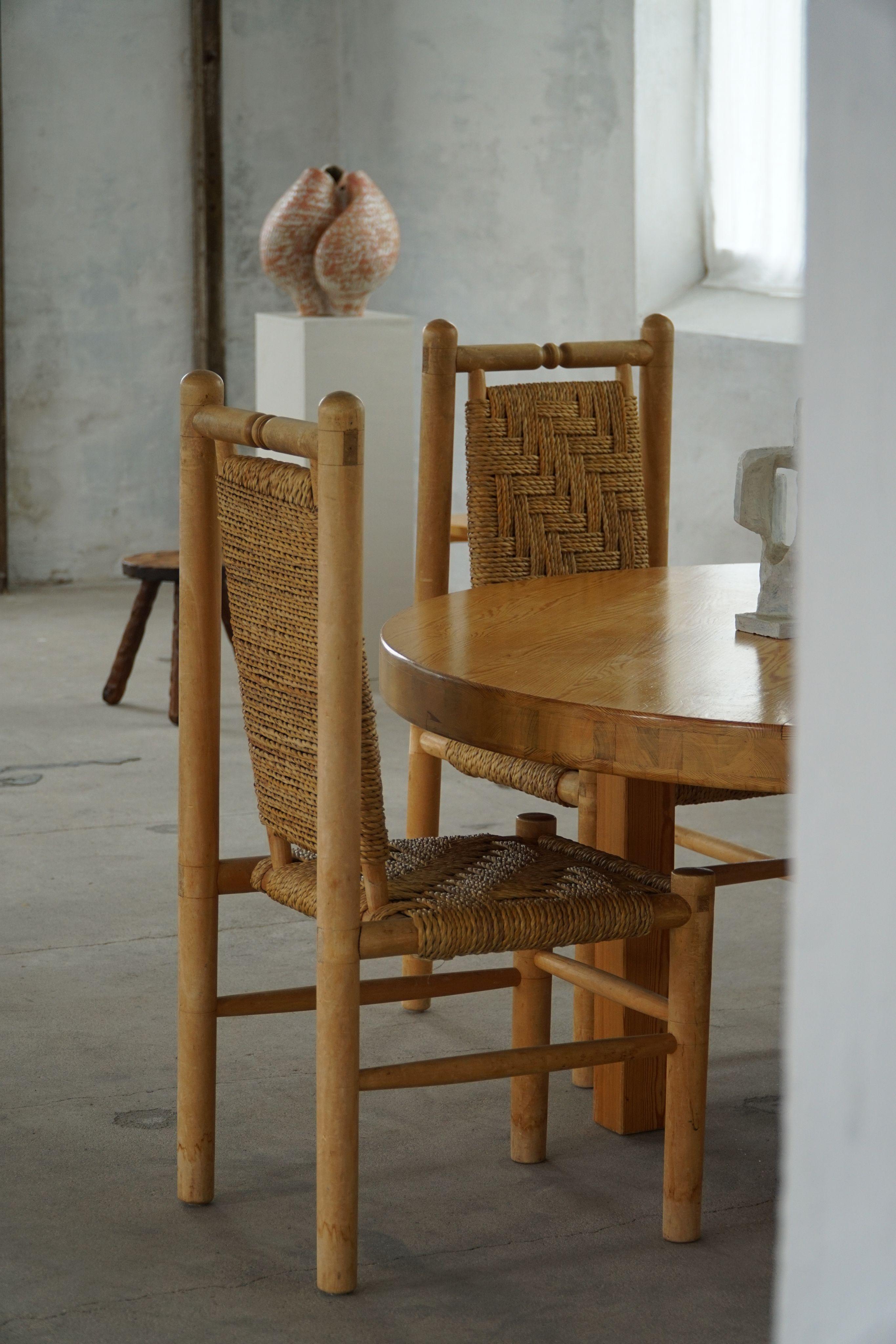 Set of 6 French Mid Century Naturalist Woven Highback Chairs in Solid Elm, 1960s For Sale 4