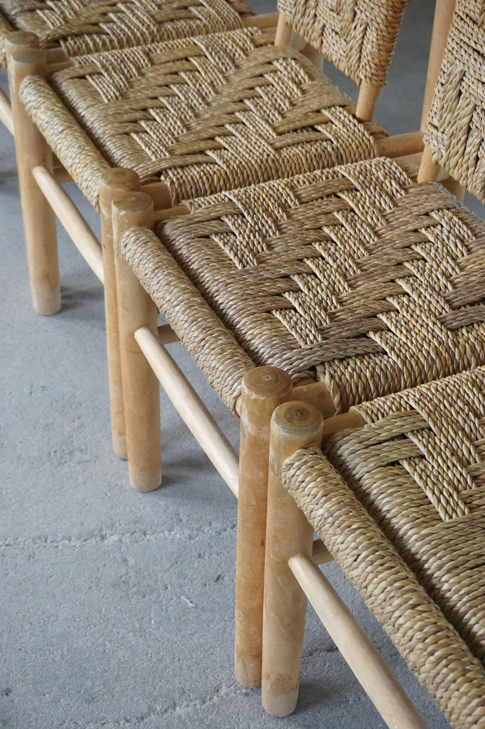 Set of 6 French Mid Century Naturalist Woven Highback Chairs in Solid Elm, 1960s For Sale 5