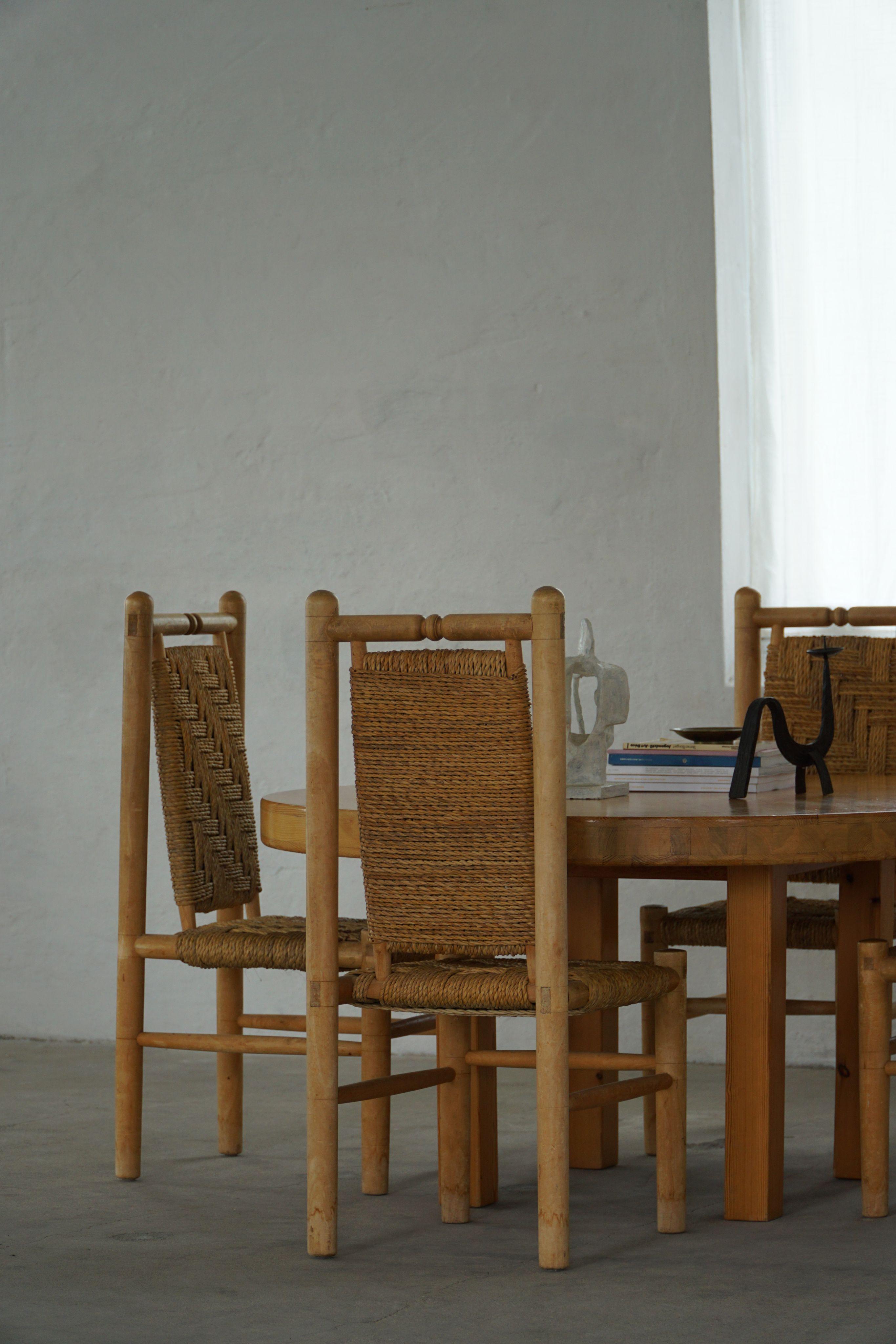 Set of 6 French Mid Century Naturalist Woven Highback Chairs in Solid Elm, 1960s For Sale 6