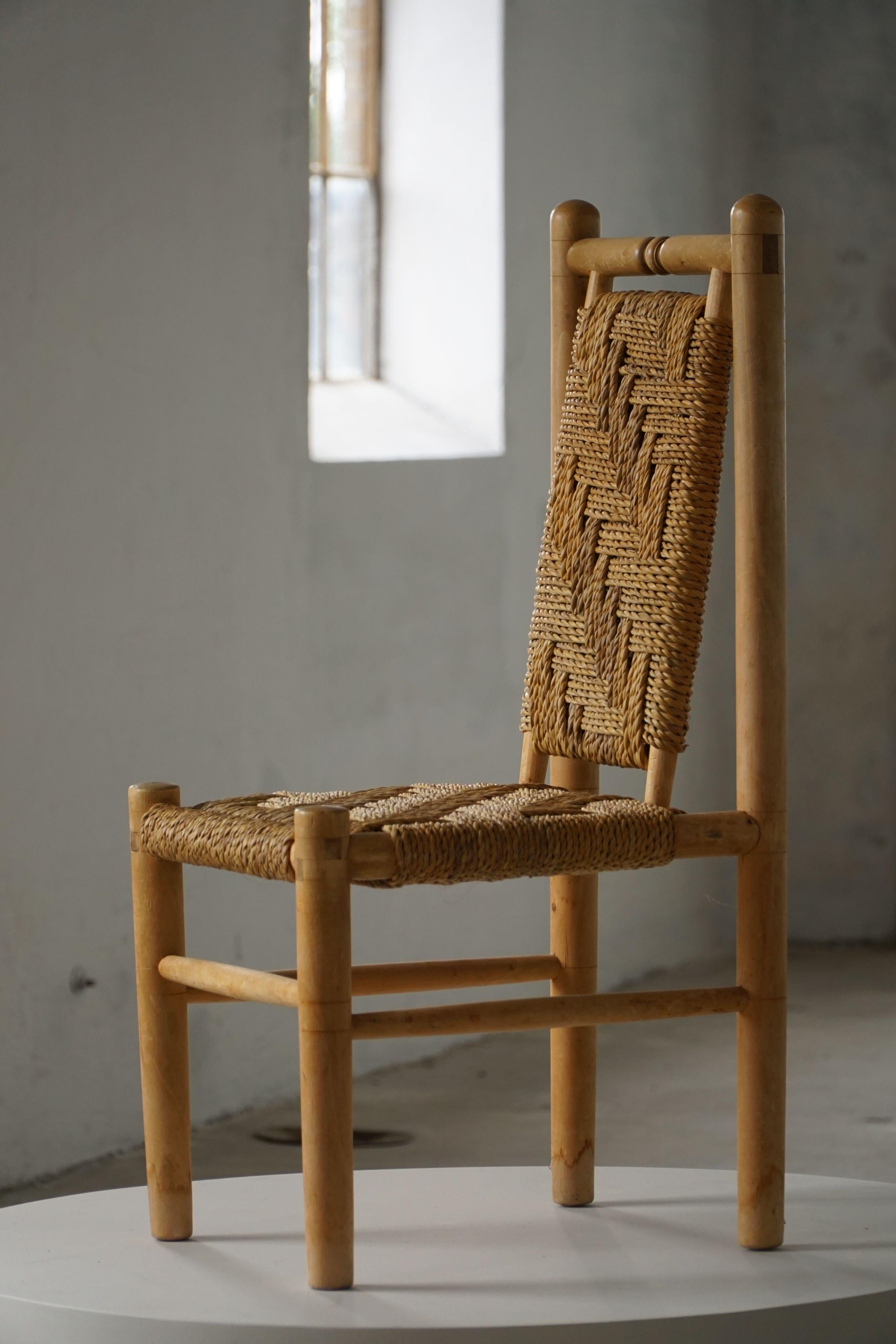 Set of 6 French Mid Century Naturalist Woven Highback Chairs in Solid Elm, 1960s For Sale 8