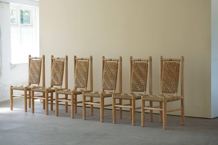Set of 6 French Mid Century Naturalist Woven Highback Chairs in Solid Elm, 1960s For Sale 10