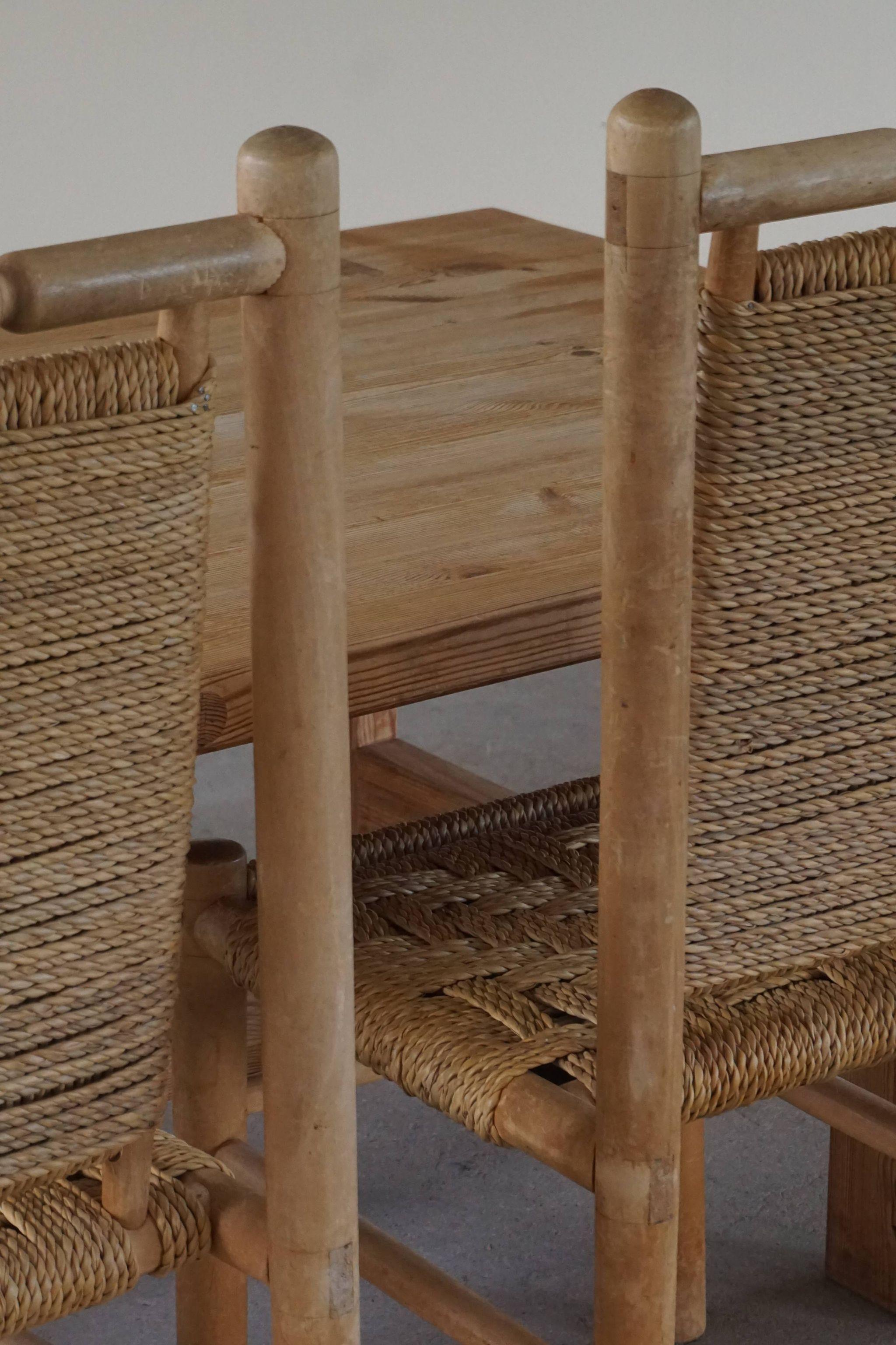 Set of 6 French Mid Century Naturalist Woven Highback Chairs in Solid Elm, 1960s For Sale 12