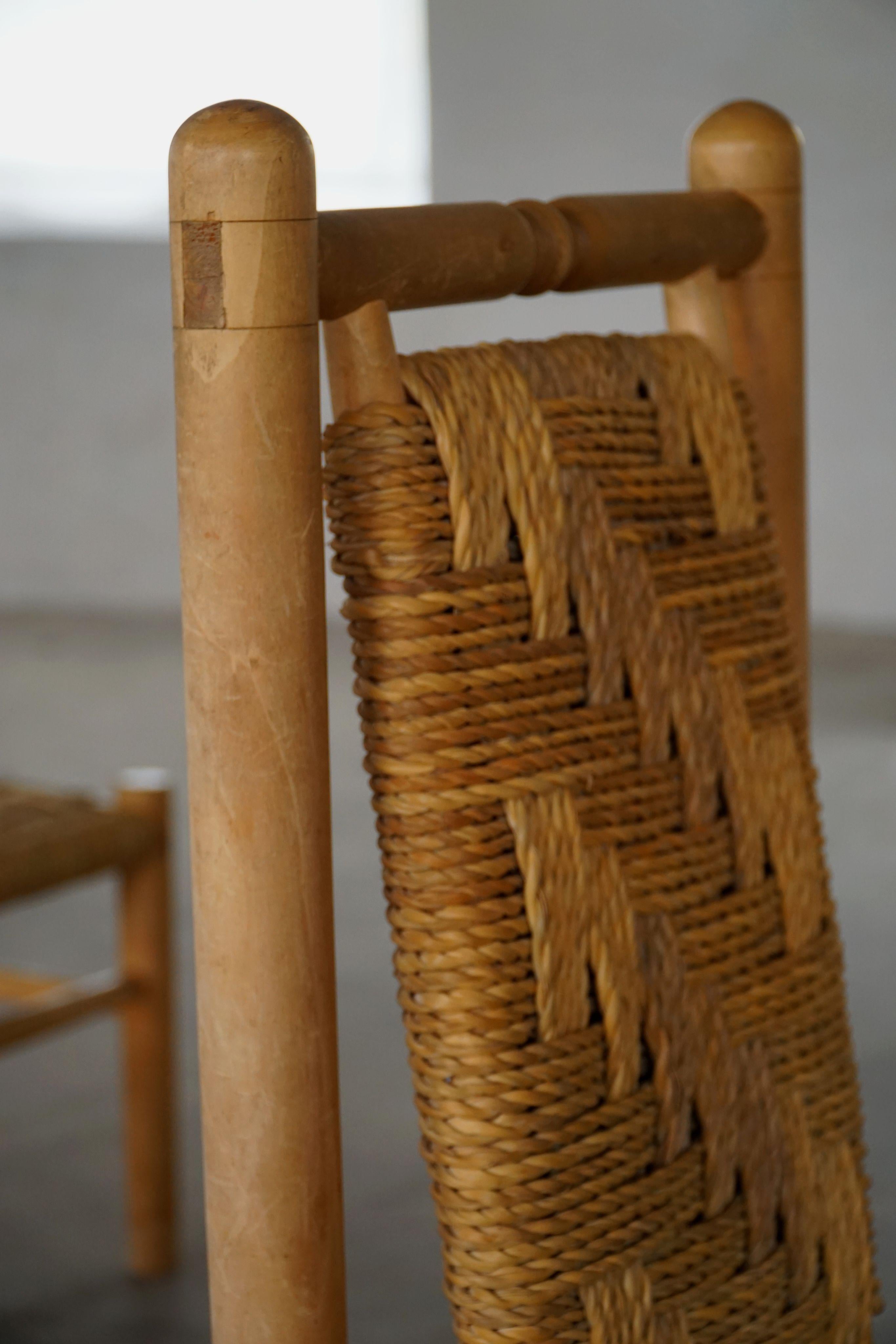 Set of 6 French Mid Century Naturalist Woven Highback Chairs in Solid Elm, 1960s For Sale 12