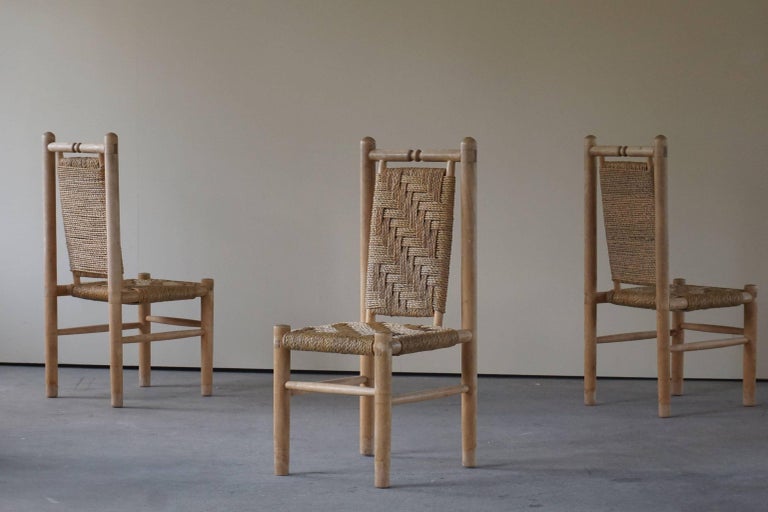 Set of 6 French Mid Century Naturalist Woven Highback Chairs in Solid Elm, 1960s For Sale 14