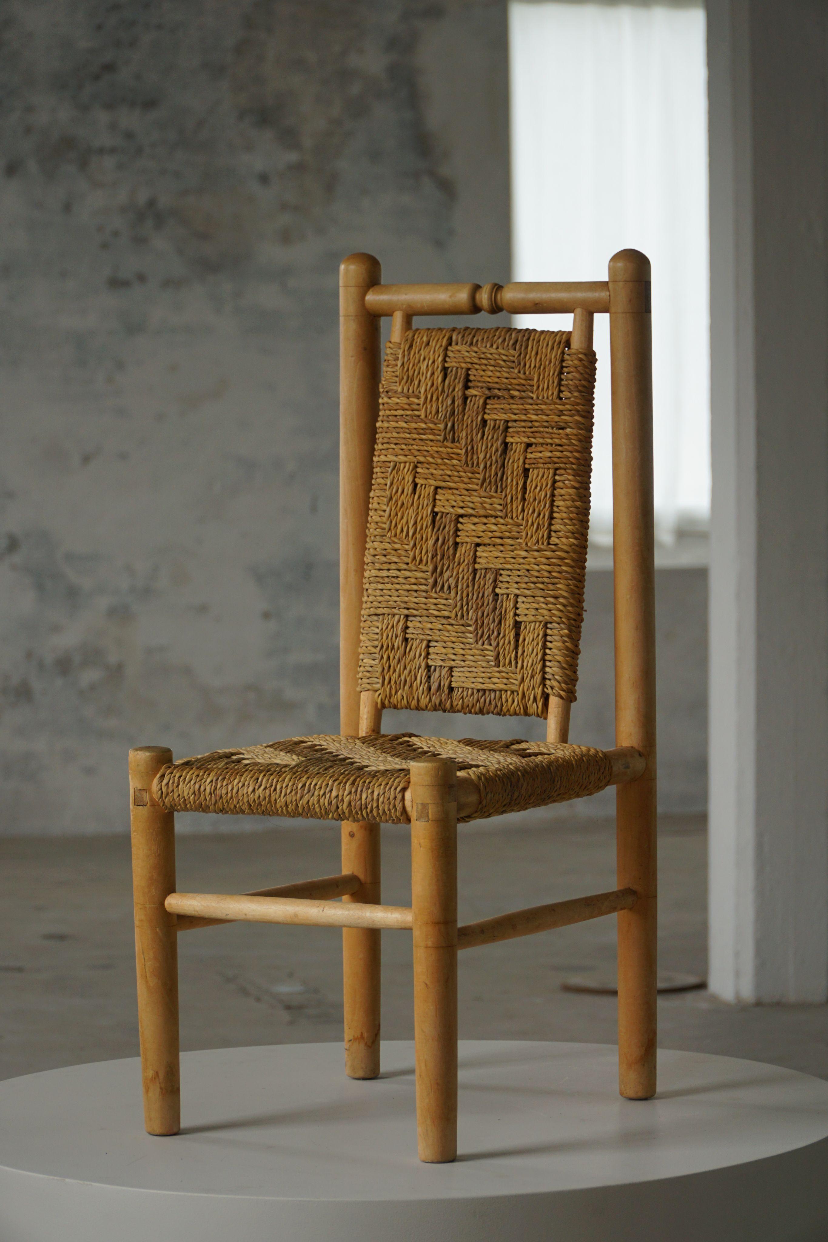 Mid-Century Modern Set of 6 French Mid Century Naturalist Woven Highback Chairs in Solid Elm, 1960s For Sale
