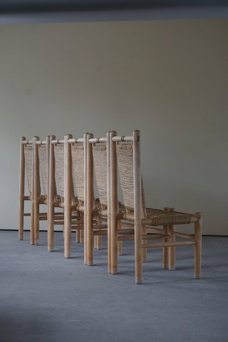 Set of 6 French Mid Century Naturalist Woven Highback Chairs in Solid Elm, 1960s In Good Condition For Sale In Odense, DK