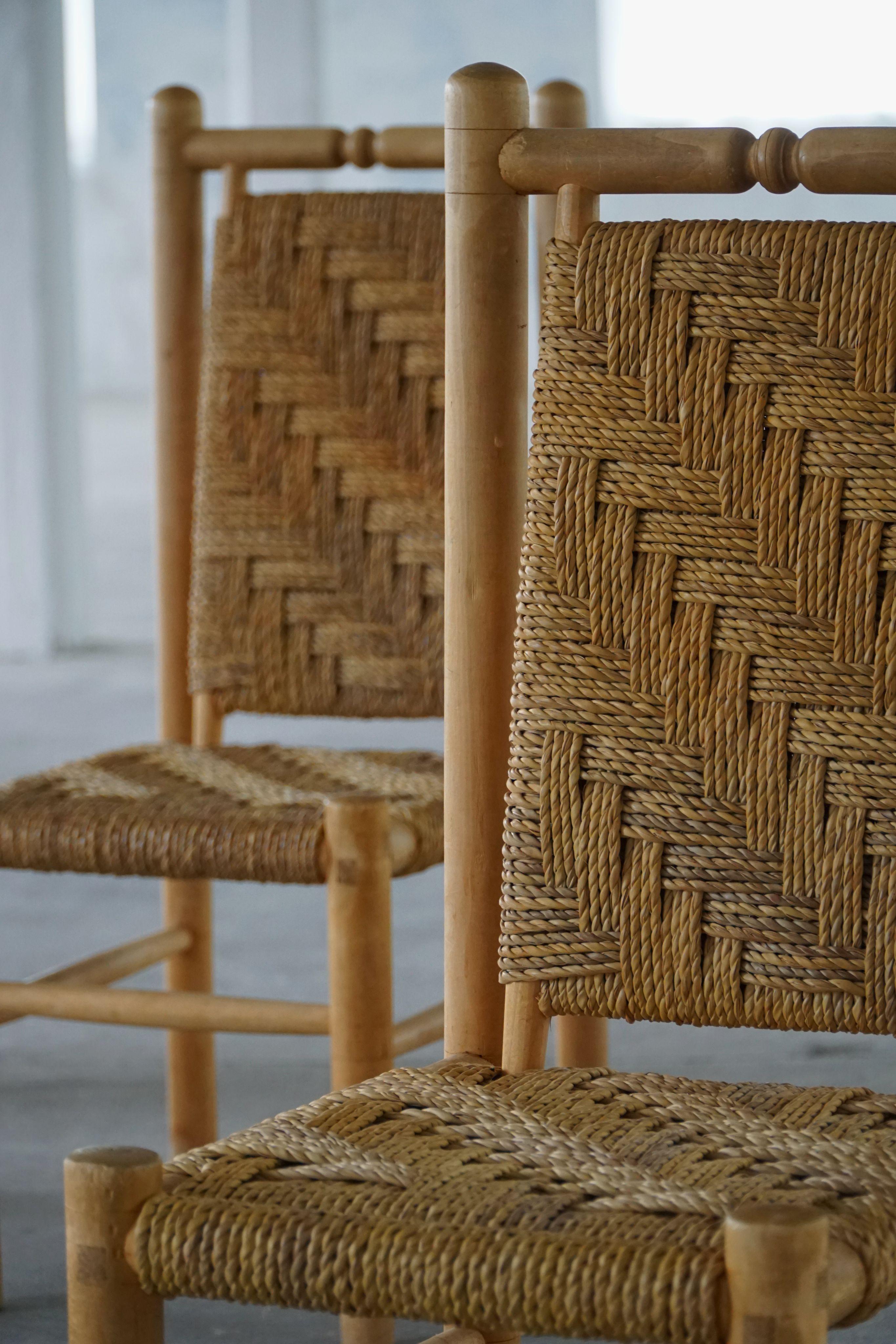 Set of 6 French Mid Century Naturalist Woven Highback Chairs in Solid Elm, 1960s In Good Condition For Sale In Odense, DK