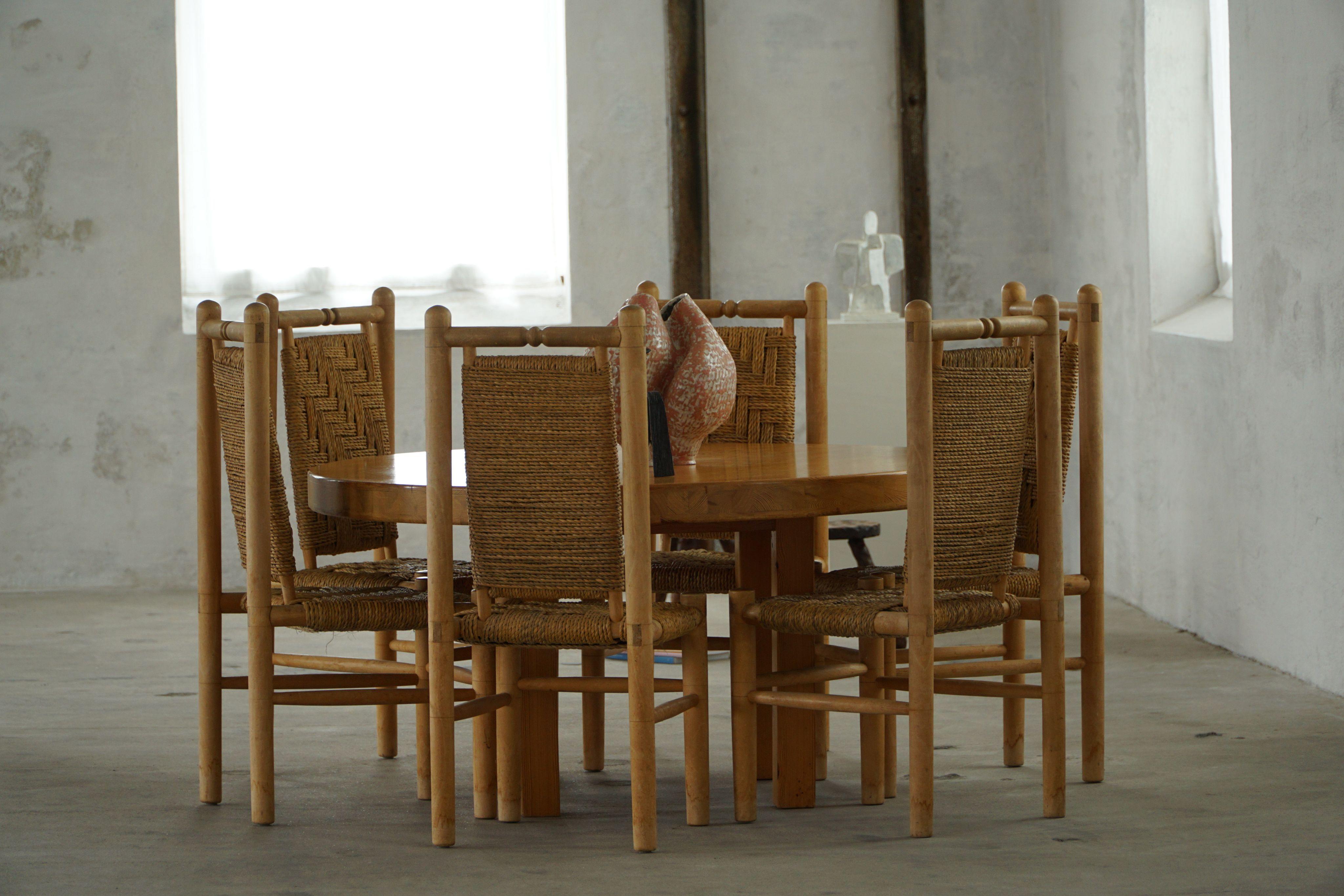 Mid-20th Century Set of 6 French Mid Century Naturalist Woven Highback Chairs in Solid Elm, 1960s For Sale