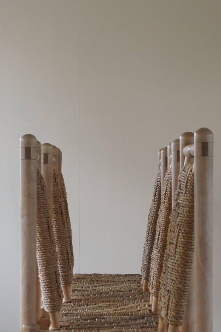 Cane Set of 6 French Mid Century Naturalist Woven Highback Chairs in Solid Elm, 1960s For Sale