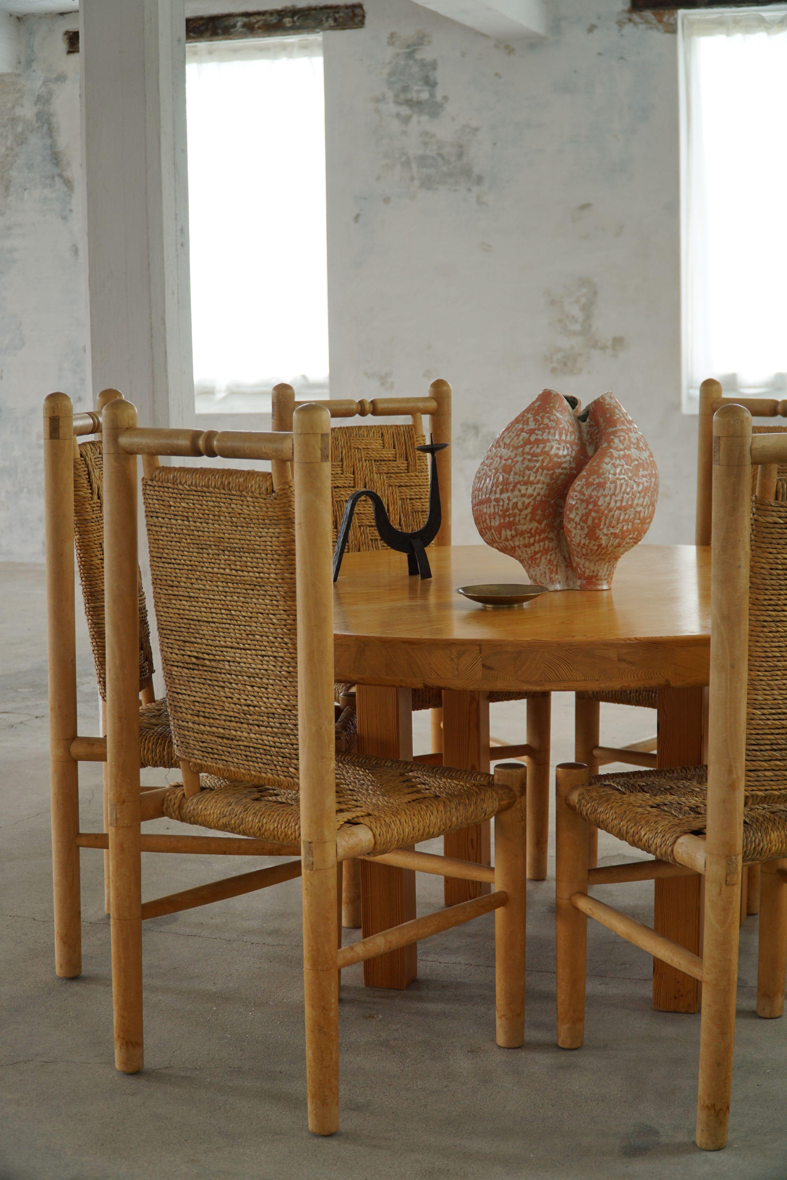 Cane Set of 6 French Mid Century Naturalist Woven Highback Chairs in Solid Elm, 1960s For Sale