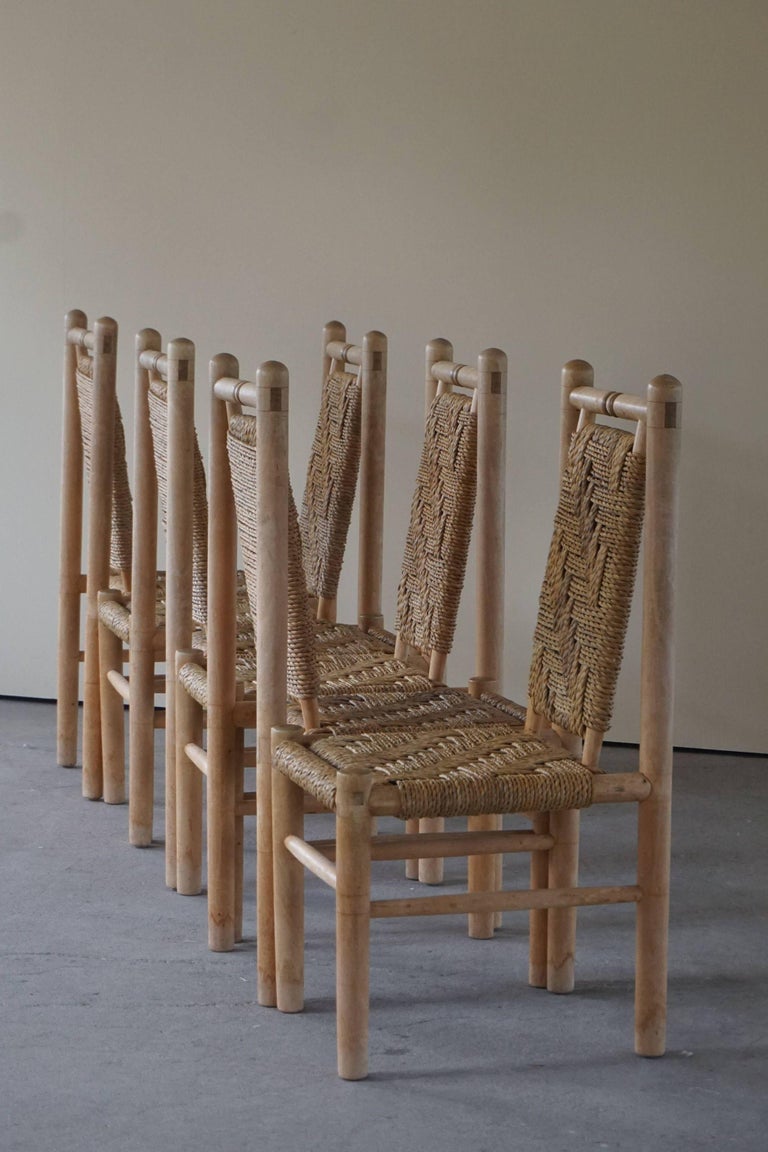 Set of 6 French Mid Century Naturalist Woven Highback Chairs in Solid Elm, 1960s For Sale 1