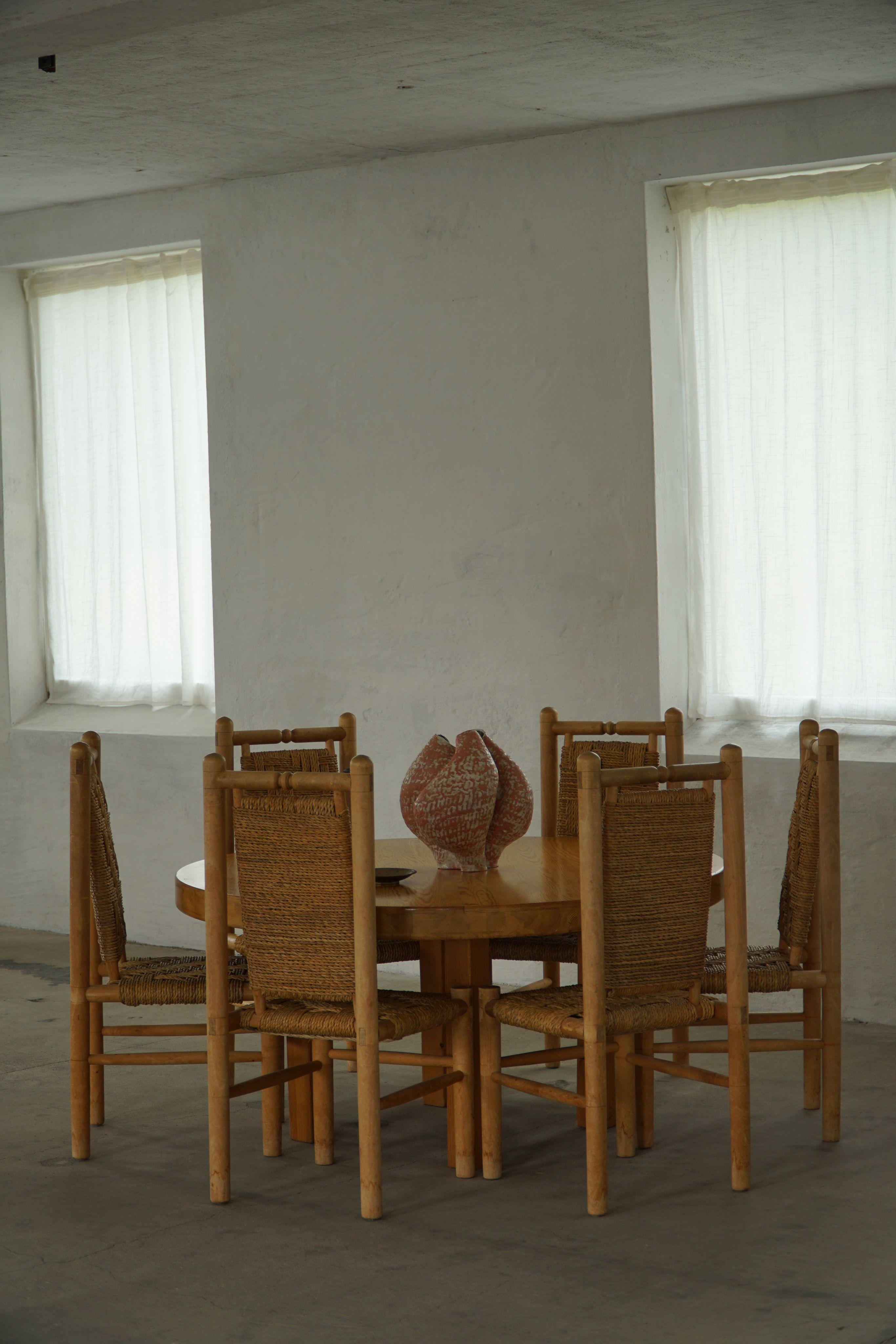 Set of 6 French Mid Century Naturalist Woven Highback Chairs in Solid Elm, 1960s For Sale 1