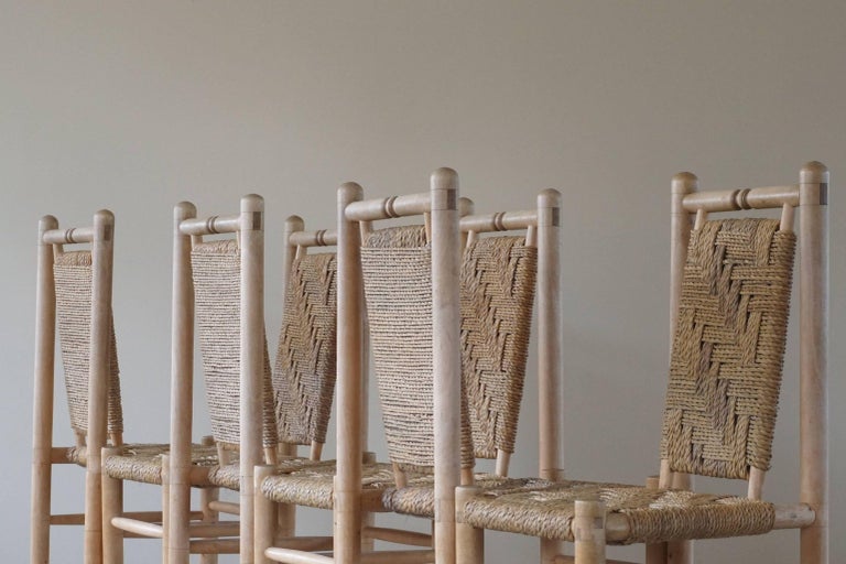 Set of 6 French Mid Century Naturalist Woven Highback Chairs in Solid Elm, 1960s For Sale 2