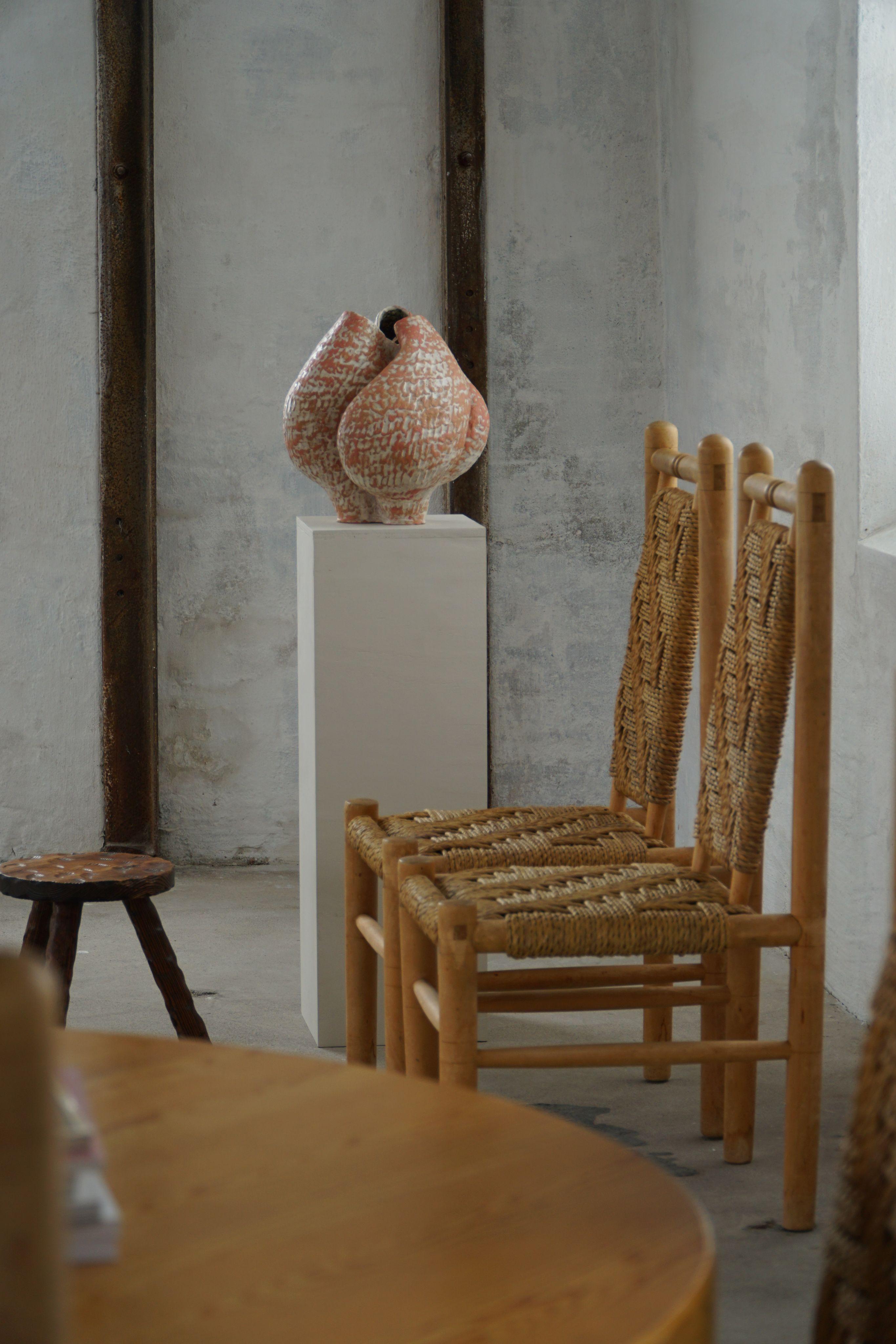 Set of 6 French Mid Century Naturalist Woven Highback Chairs in Solid Elm, 1960s For Sale 2
