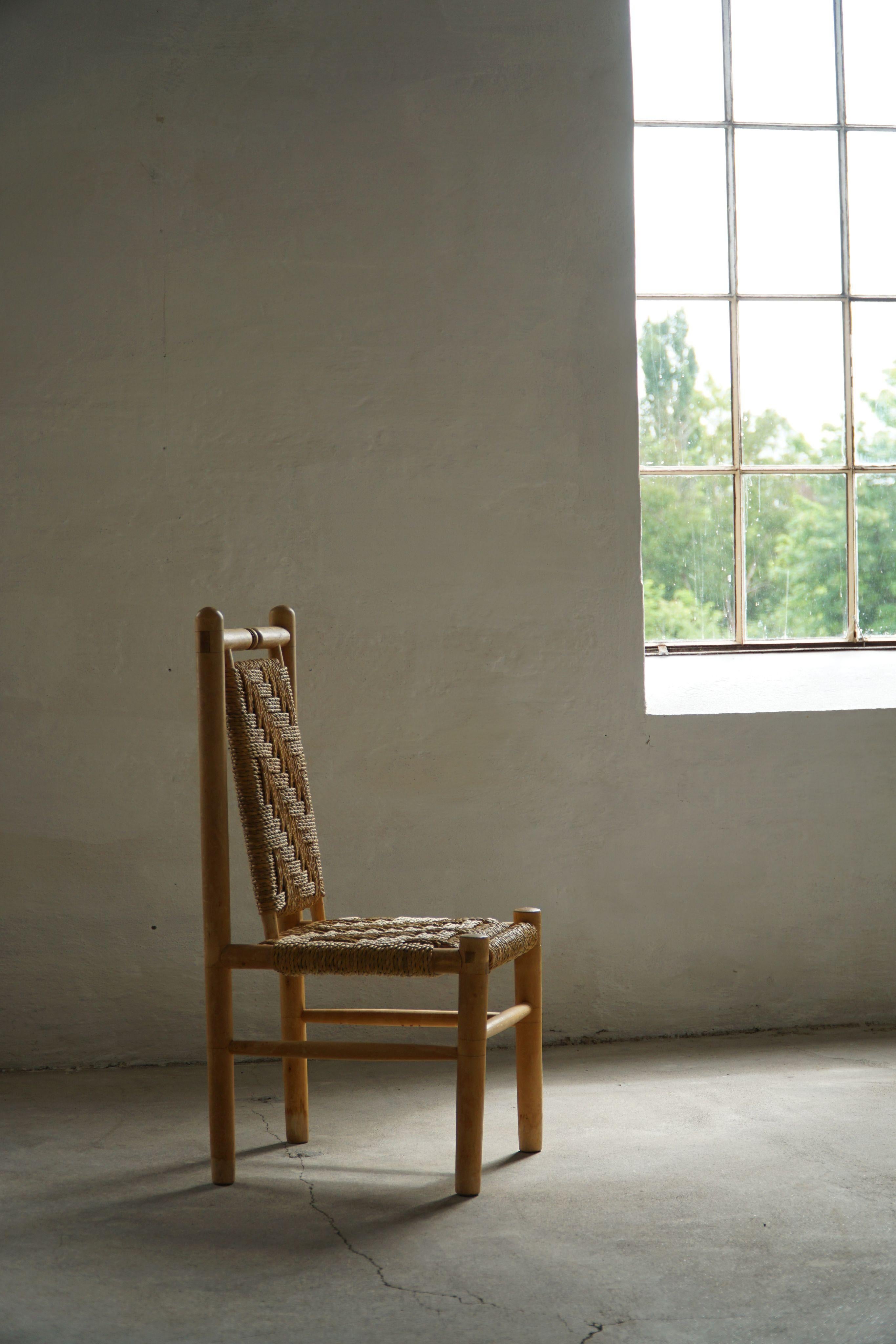 Set of 6 French Mid Century Naturalist Woven Highback Chairs in Solid Elm, 1960s For Sale 3
