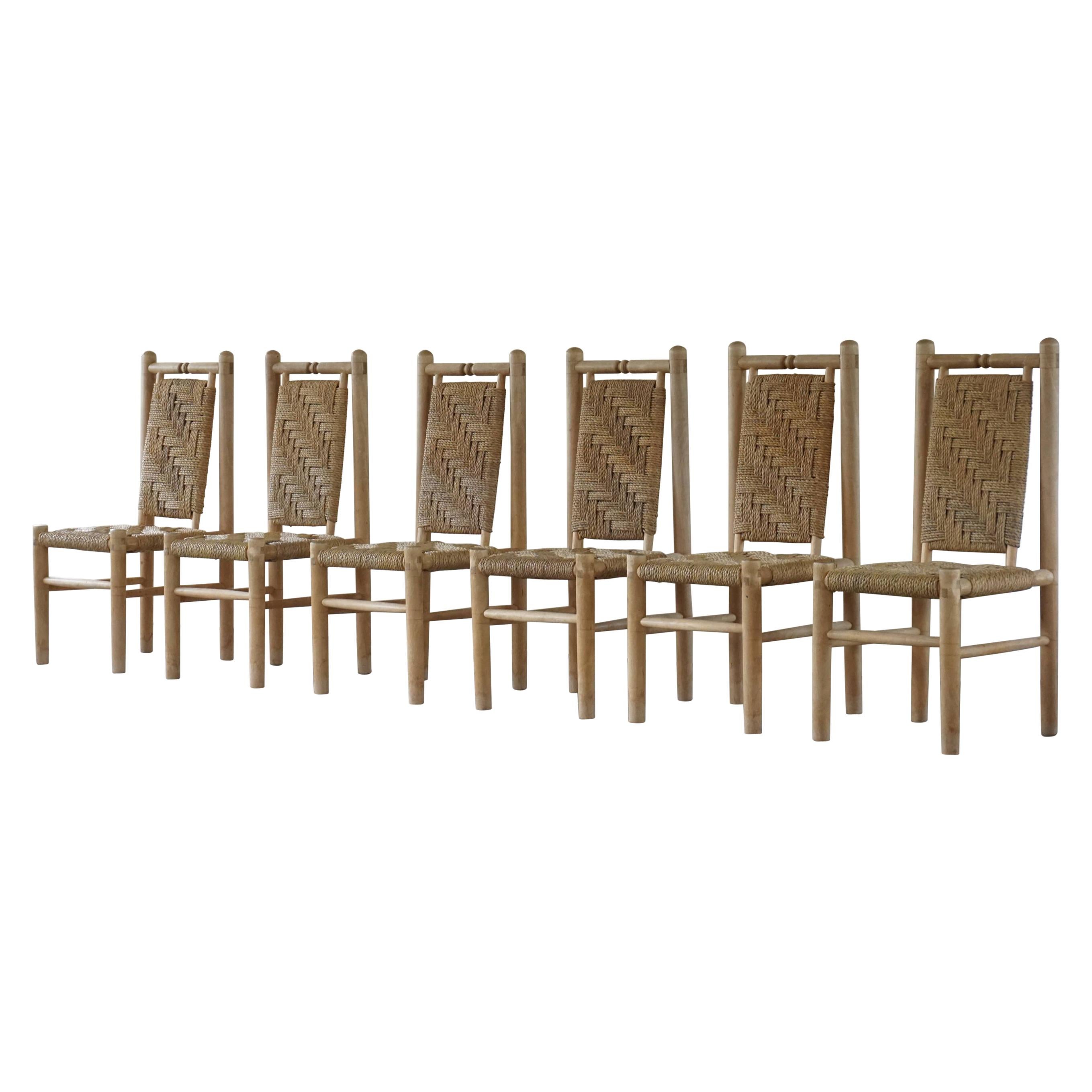 Set of 6 French Mid Century Naturalist Woven Highback Chairs in Solid Elm, 1960s For Sale