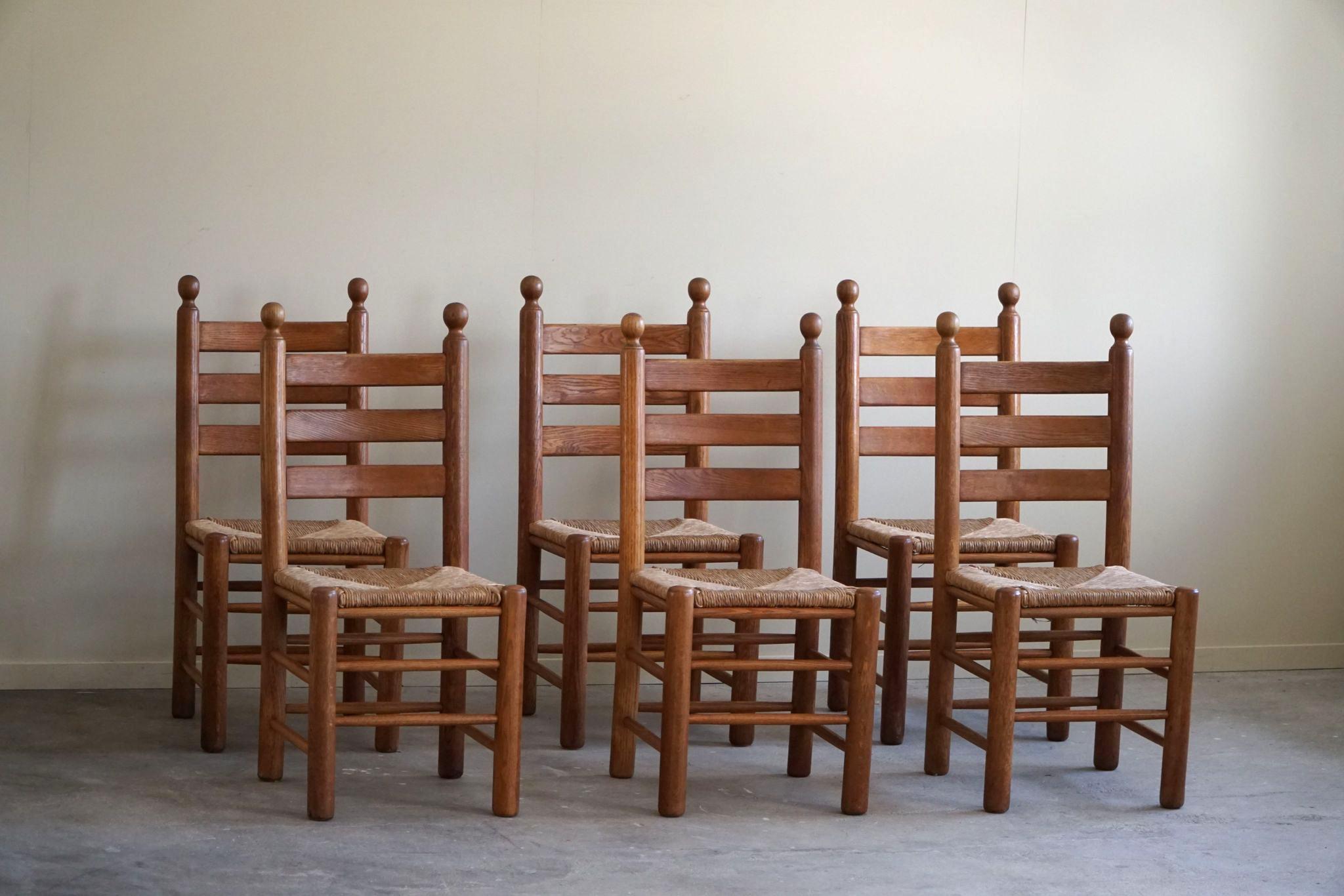 20th Century Set of 6 French Modern Brutalist Chairs, Charles Dudouyt Style, Made in 1960s