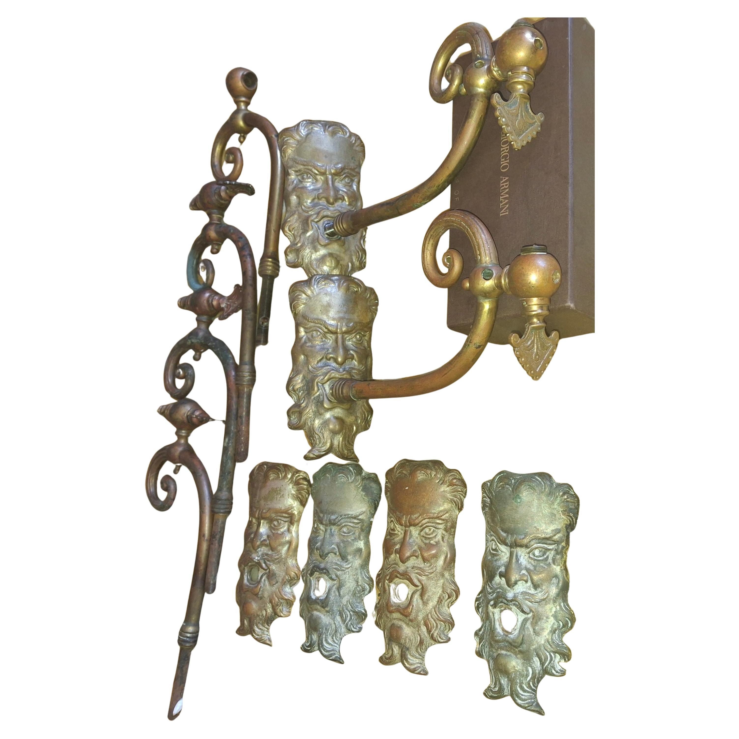 Set of 6 Antique 19thc French Bronze Gas Converted Wall Sconces. Featuring Mr North Wind blowing beauty. Newly wired and ready to mount. French estate find.